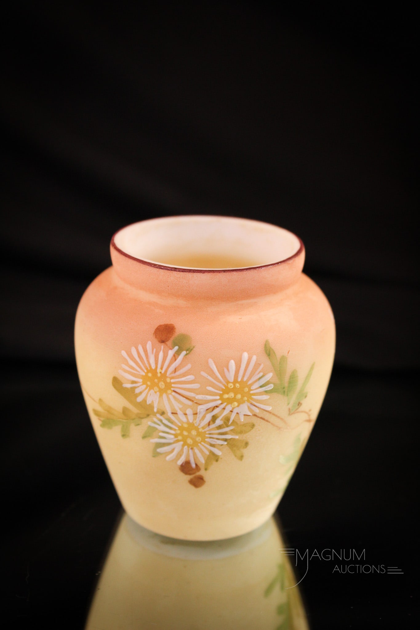 Mt. Washington Pseudo Burmese Victorian Toothpick Holder: Here's a nice example, folks! This Mt. Washington pseudo burmese Victorian toothpick holder has good coloring. This one with enameled daisy decoration. Nice! It measures 2 1/2" tall.