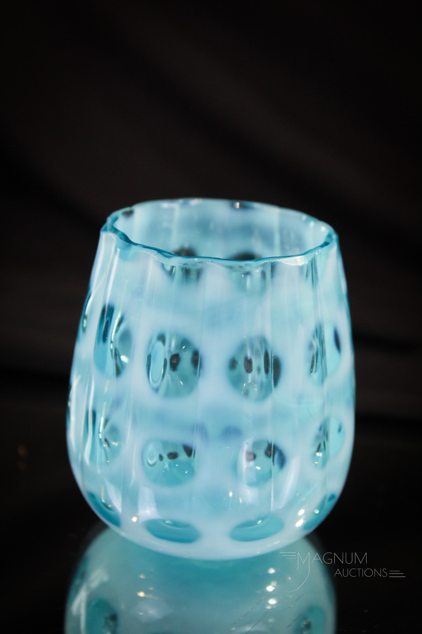 West Virginia Blue Opalescent Polka Dot Victorian Toothpick Holder: Great color and opalescence in this example of a West Virginia Polka Dot pattern Victorian toothpick holder. It stands 2 1/4" tall.