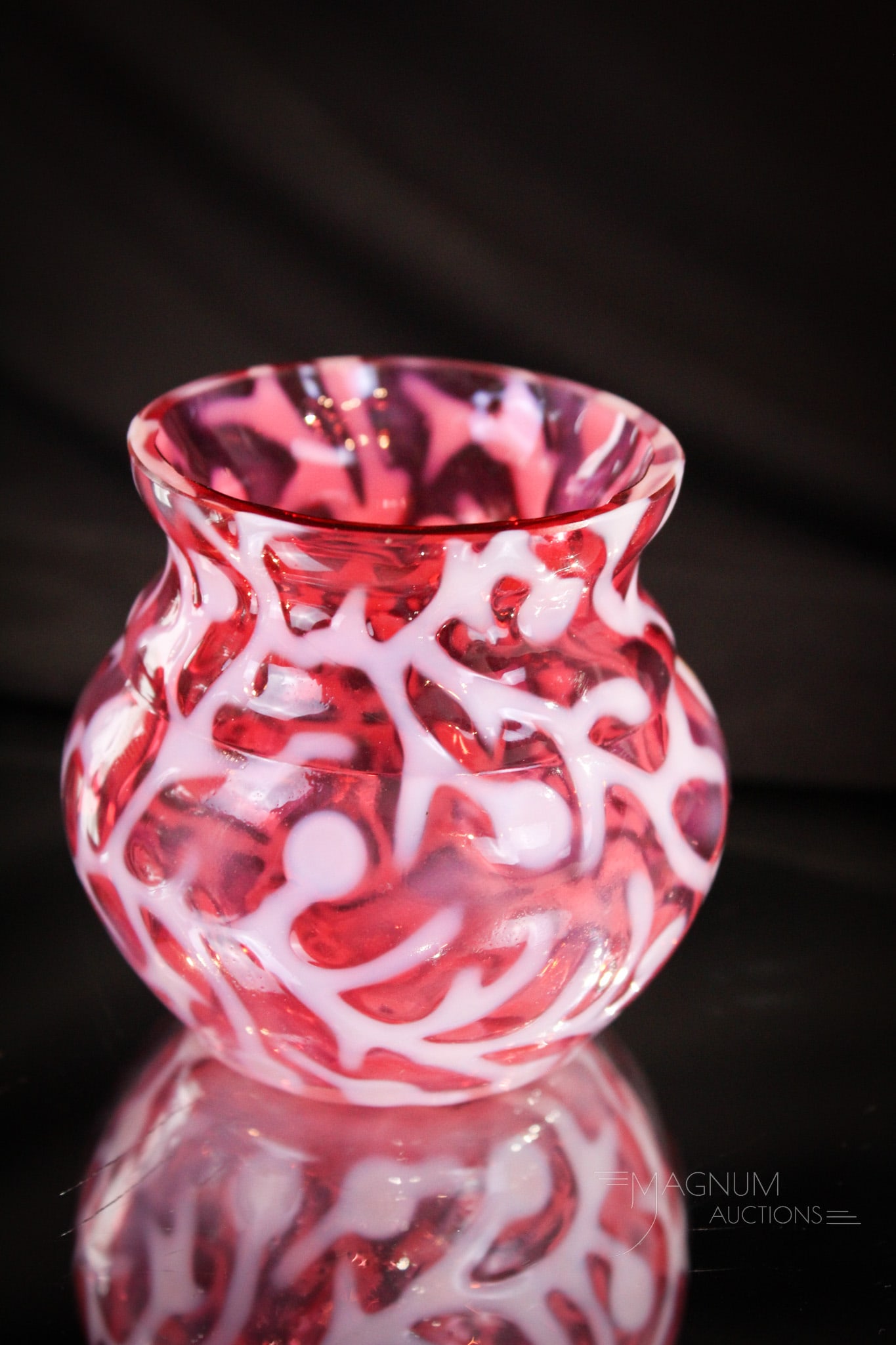 Cranberry Opalescent Victorian Hobb's Seaweed Toothpick Holder: Folks, this is by far one of the nicest examples of this toothpick we have ever had. This Hobb's Seaweed toothpick holder in cranberry opalescent has the best color and opal and in perfect condition.