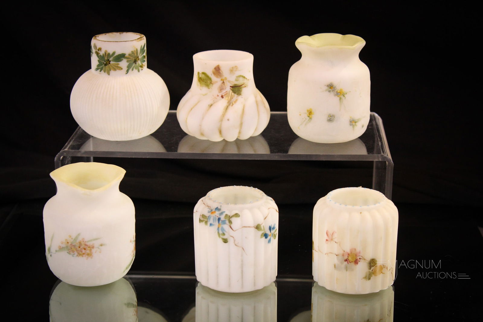 6 pc Lot Mt. Washington Victorian Toothpick Holders: Generous offering of six Mt. Washington Victorian Glass toothpick holders in various forms. Tallest measures 2 1/2".