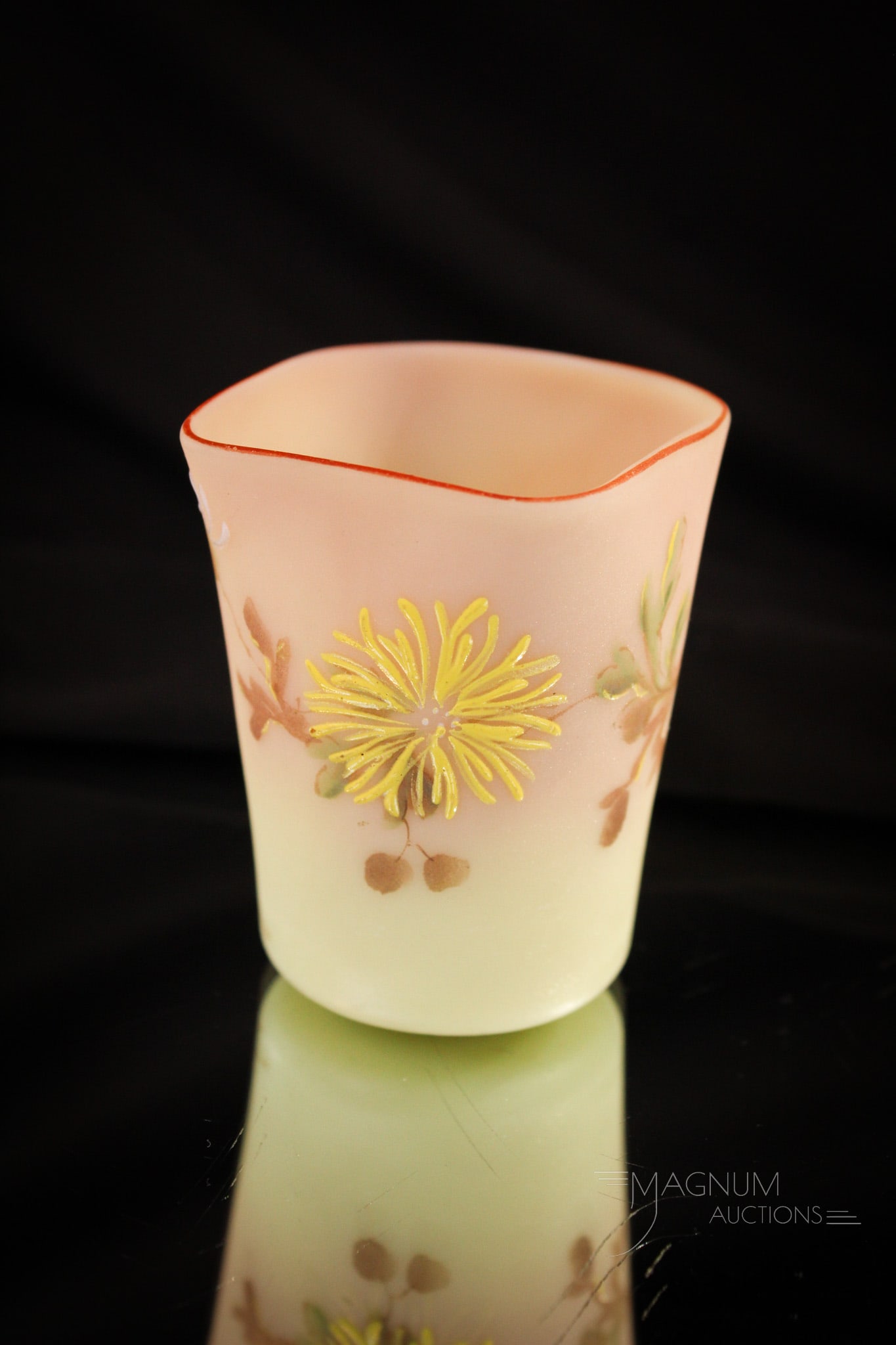 Mt. Washington Burmese Fuji Mum Victorian Toothpick Holder: Great Fuji mum decoration is found on this Mt. Washington burmese satin glass toothpick holder. This one with red rim. Measures 2 1/2" tall.