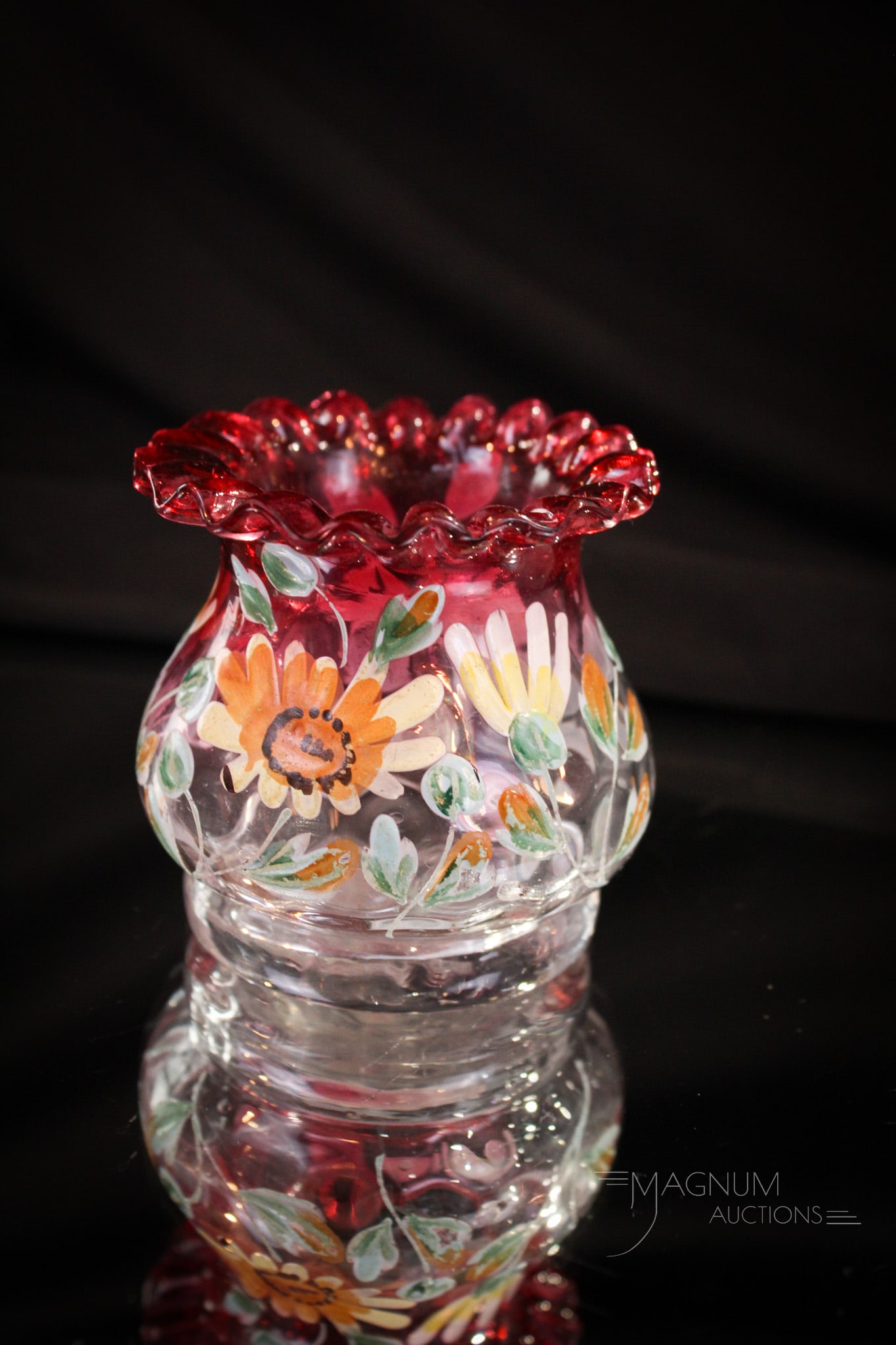 Cranberry Rubina Victorian Ruffled Glass Toothpick Holder: Great color and lovely enameled flowers make for this to be a nice Victorian toothpick holder. Measures 2 1/4" tall.