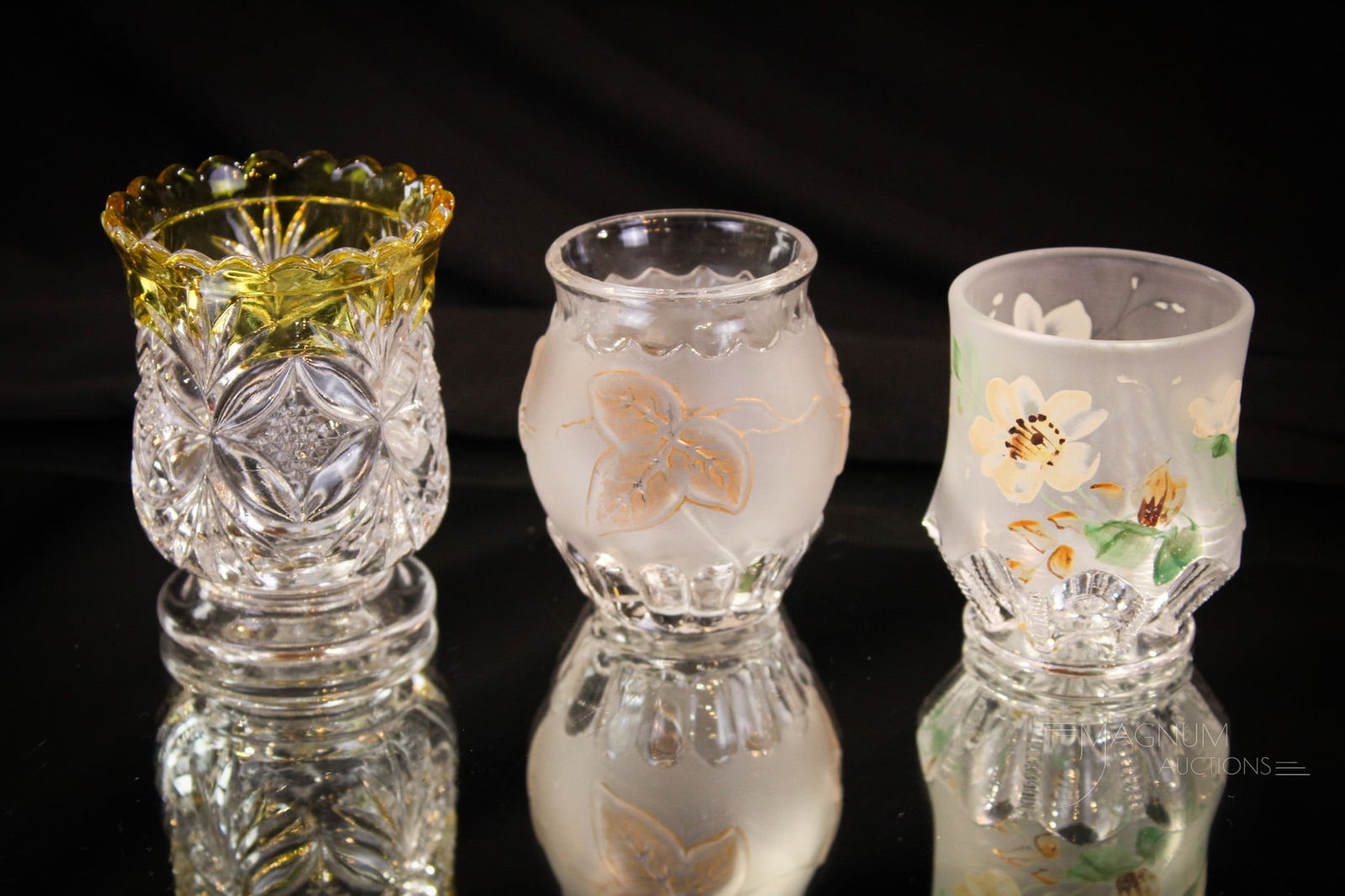 3 pc Lot Victorian Amber Stained & More Victorian Toothpick Holder: Fine offering of an amber stained Westmoreland Pillows & Sunburst Victorian toothpick holder along with two satin enameled examples.