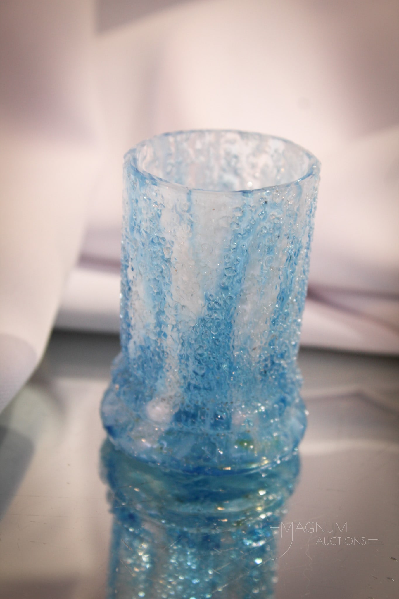 Victorian Double Ring Base Blue Overshot Victorian Glass Toothpick Holder: This is a toughie for all you Pickies ou there! This double ring base form is in a wonderful blue and white spatter glass with heavy overshot glass treatment on the exterior. Measures 2 1/4" tall.