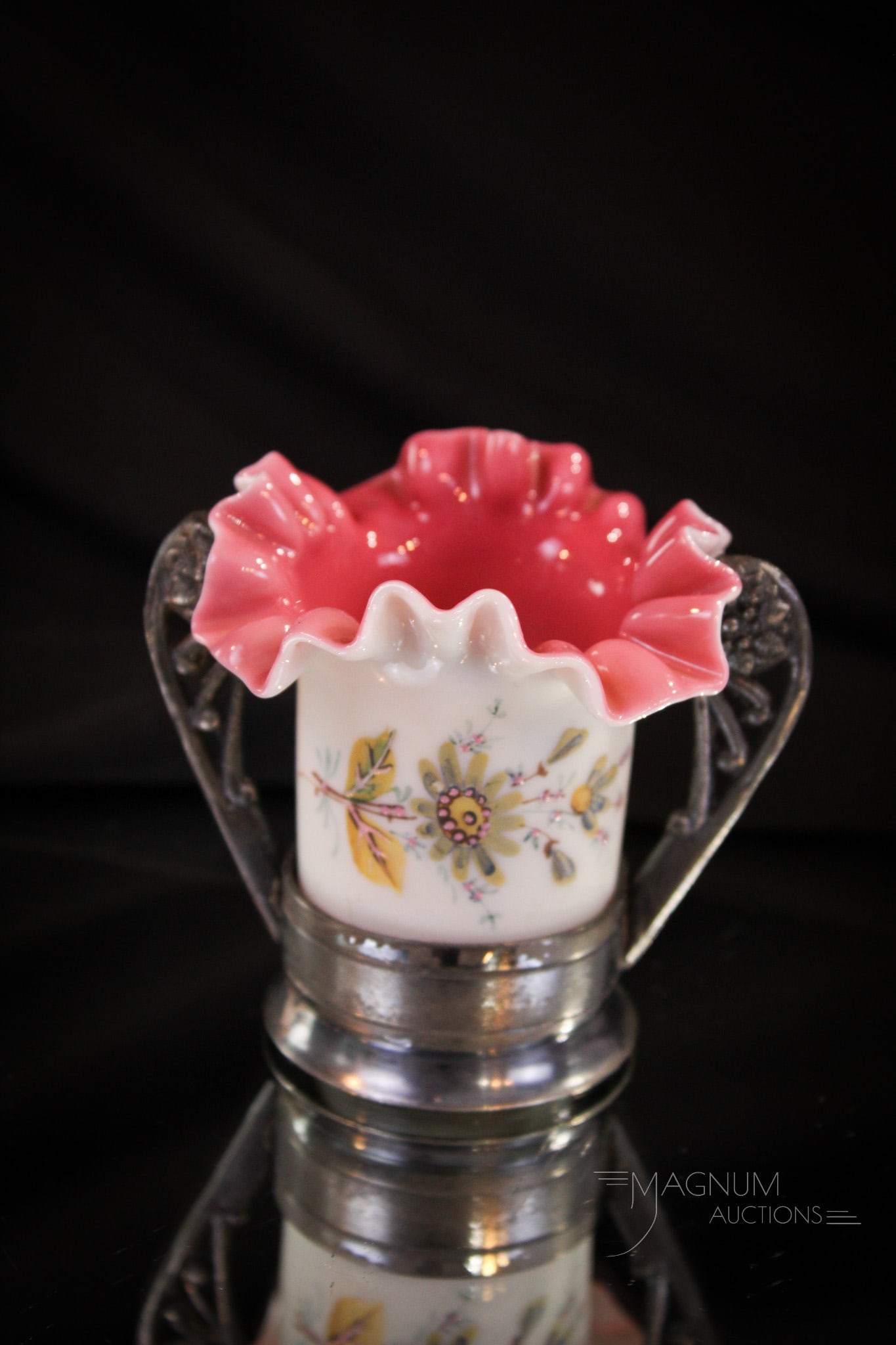 Peachblow Enameled Victorian Toothpick Holder in Frame: A beauty for sure, folks! This Victorian toothpick holder in peachblow glass is extraordinary. Nice ruffled rim and decorated with enameled flowers. Set in unmarked silverplate holder. Measures 3" tal