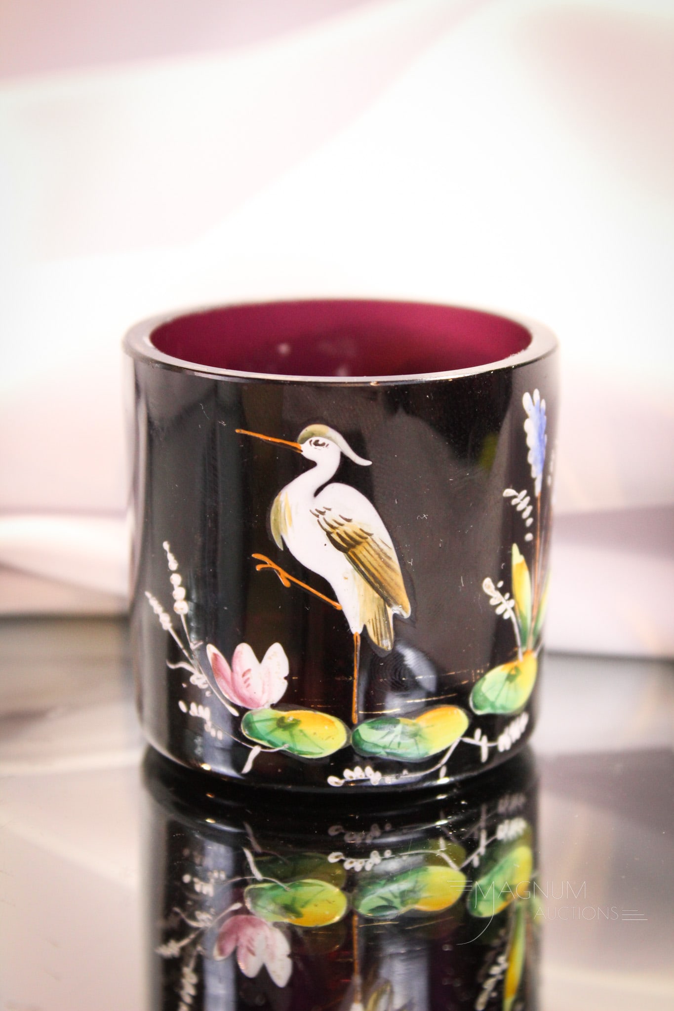 Amythest Enameled Glass Victorian Toothpick Holder: Nice deep amythest Victorian enameled glass toothpick holder. Piece features a crane in lily pads and more. Measures 2" tall.