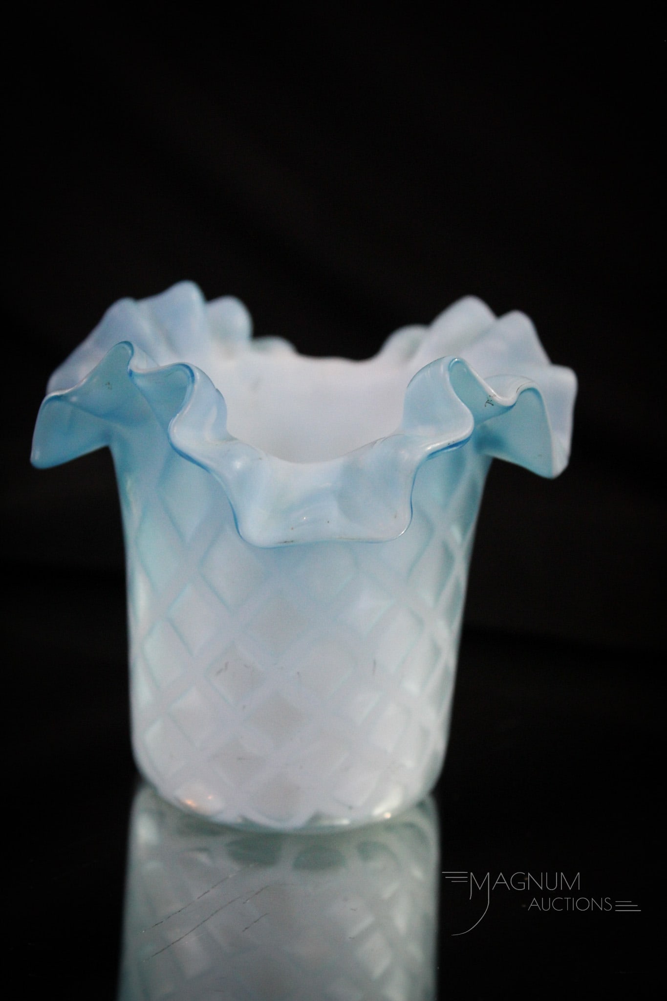 Blue Diamond Quilt Mother of Pearl Victorian Glass Toothpick Holder: Soft baby blue color makes up this Victorian mother of pearl daiamond quilt toothpick holder. Deeply ruffled rim and silky satin finish make it even more desirable. Measures 2 1/2" tall.