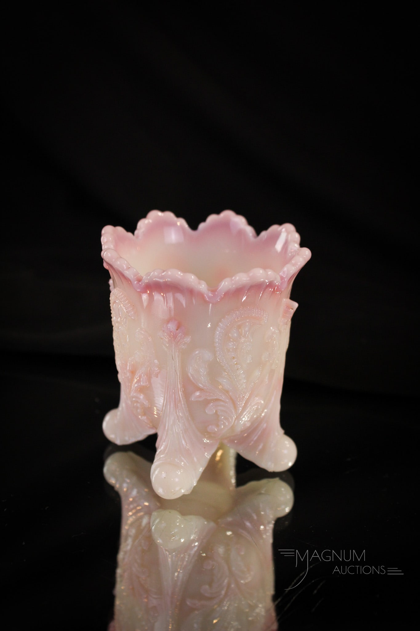 Northwood Pink Slag Inverted Fan & Feather Toothpick Holder: Always a find when you see one! This Northwood Victorian glass toothpick is sure to please any Pickie in your life. Even if it's you! Measures 2 1/2" tall.