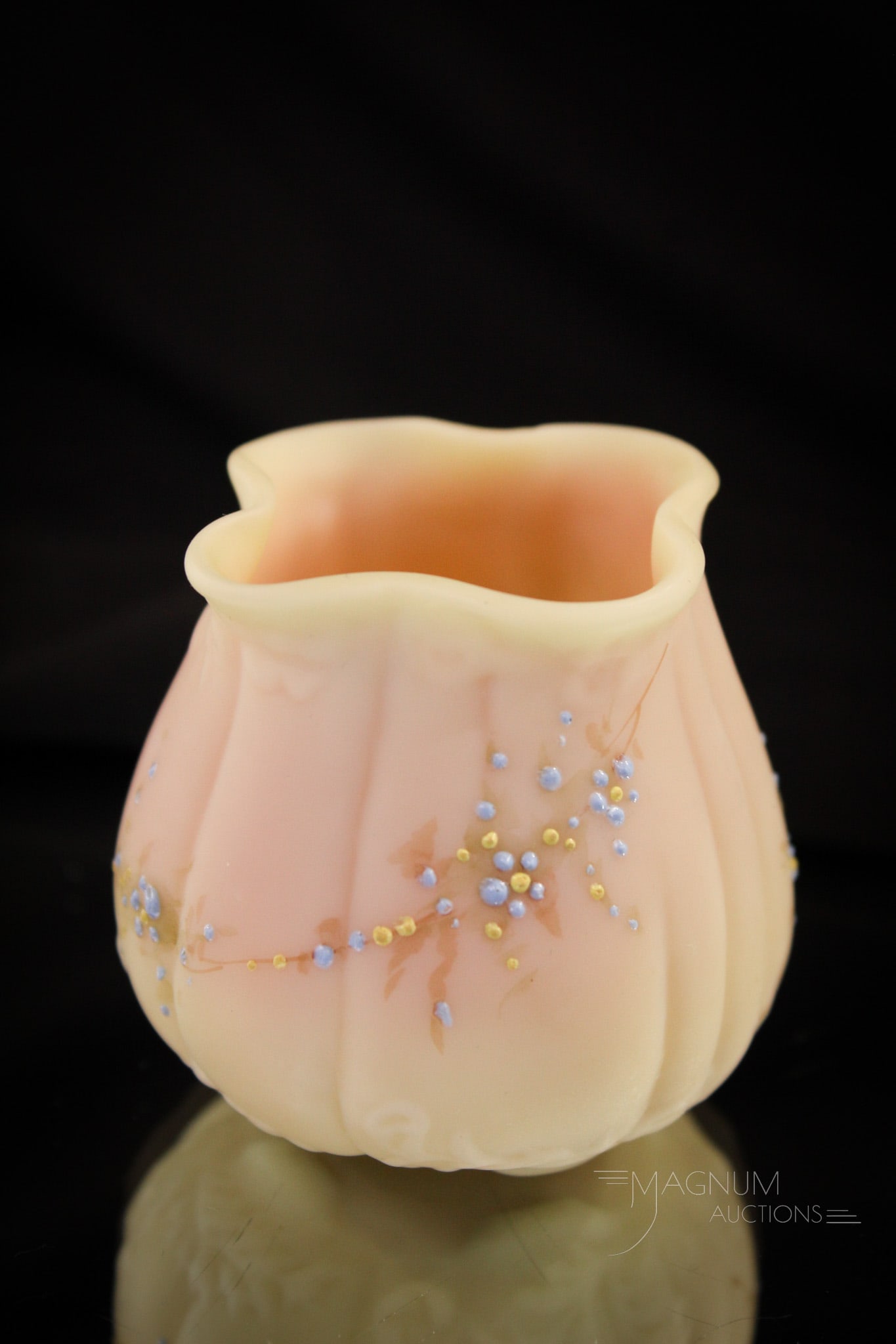 Mt. Washington Burmese Victorian Glass Toothpick Holder: Nice example of a Simple Scroll Mt. Washington Victorian glass toothpick holder. This one has dainty florals. Measures 2 1/4" tall.