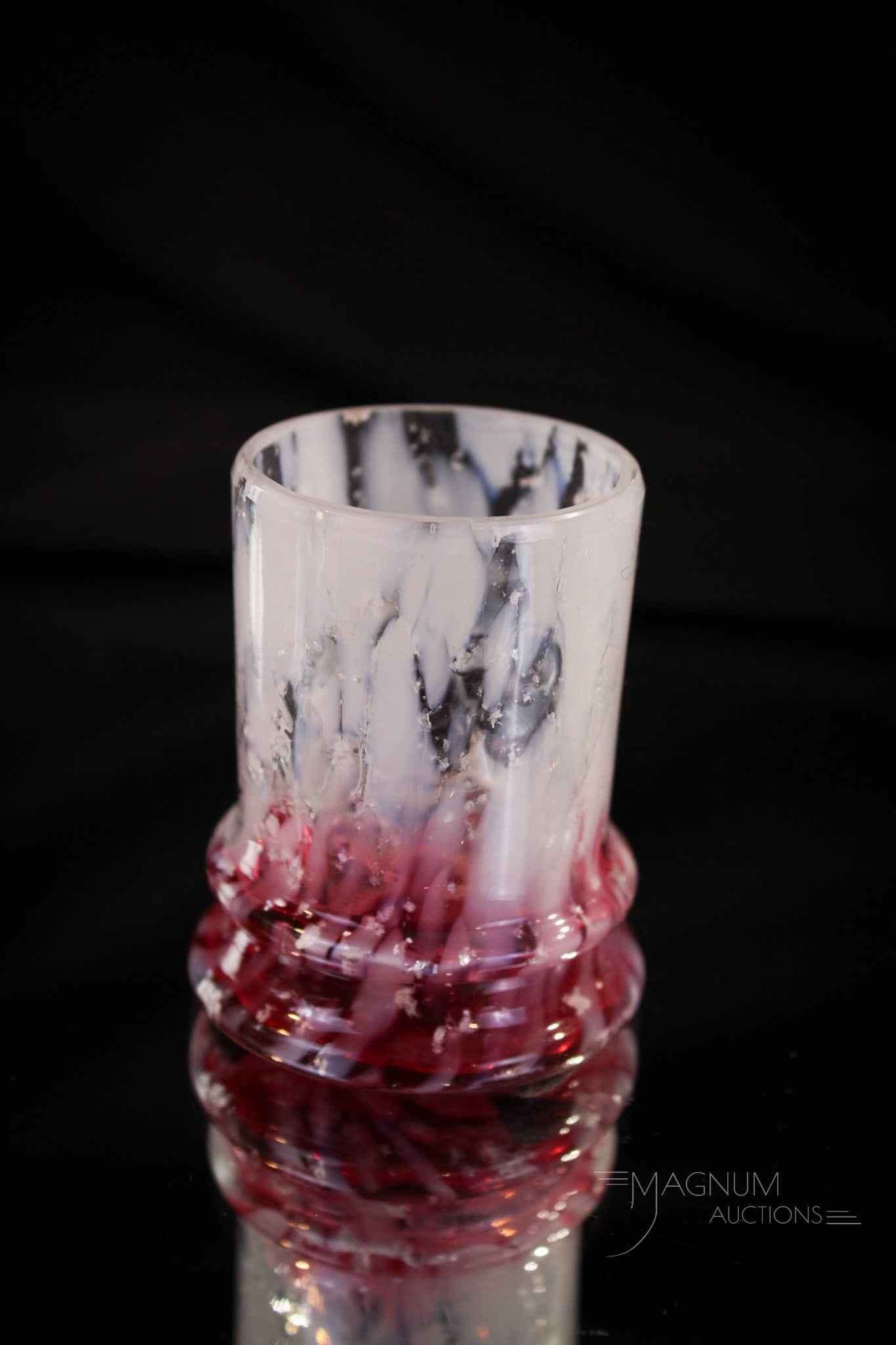 Scarce Reverse Rubina Cranberry Spatter Mica Victorian Toothpick Holder: Scarce toothpick holder, folks! This one a reverse rubina with deep cranberry coloring at the base. White spatter with mica throughout. Nice double ring base form. Measures 2 1/4" tall.