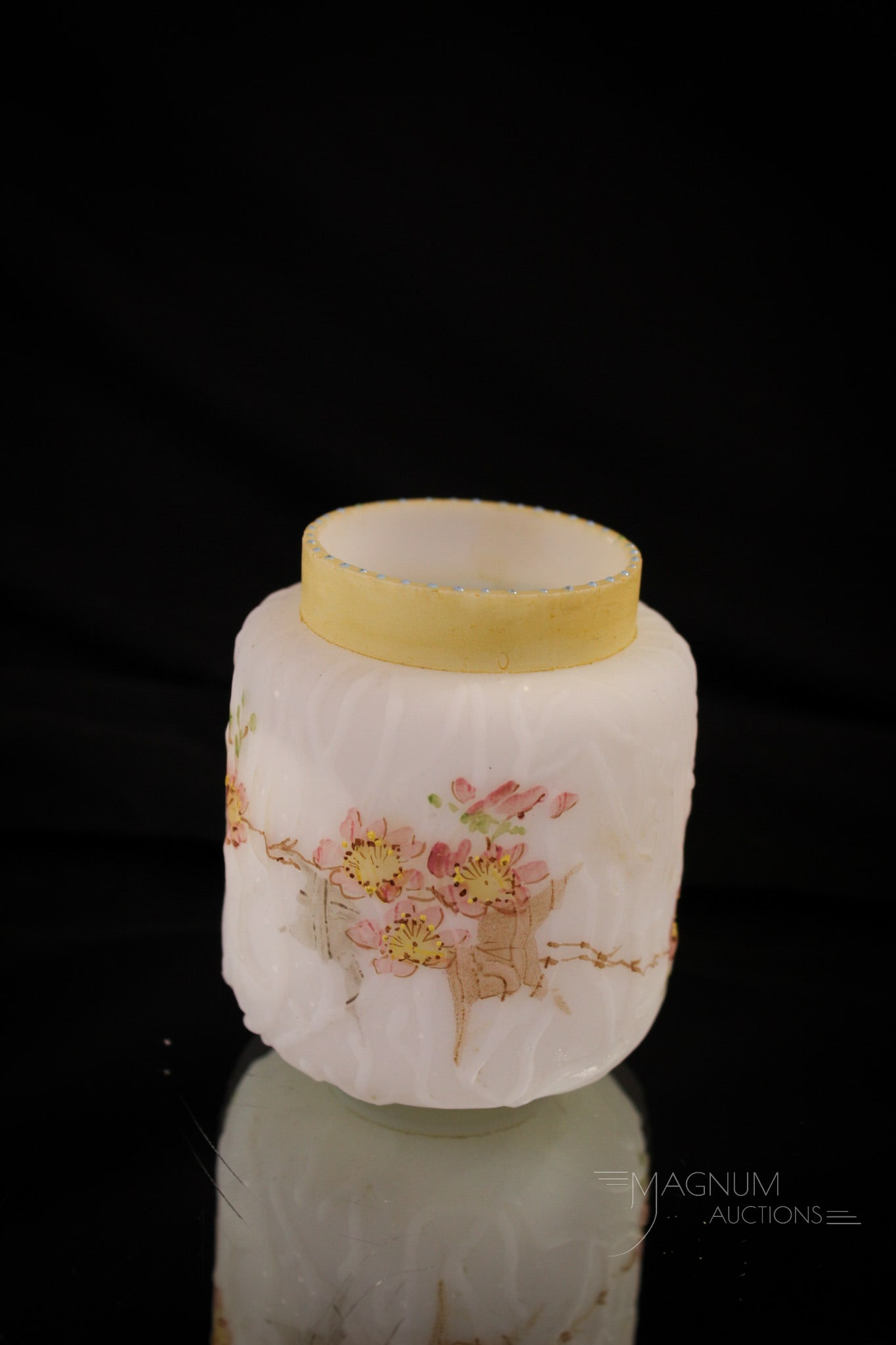 Mt. Washington Victorian Glass Spider Web Toothpick Holder: Fine offering of a Victorian Glass toothpick holder by Mt. Washington glass, this one in lusterless with flowers and blue dotted rim. Measures 2 1/4" tall.