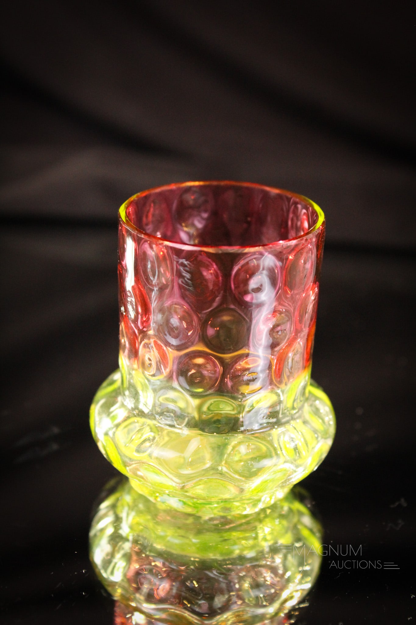 Hobb's Cranberry Vaseline Rubine Verde Victorian Toothpick Holder: Hobb's Victorian glass toothpick of the finest. This one is in cranberry vaseline rubina verde glass. Lovely bulge base form. Measures 2 1/4" tall.