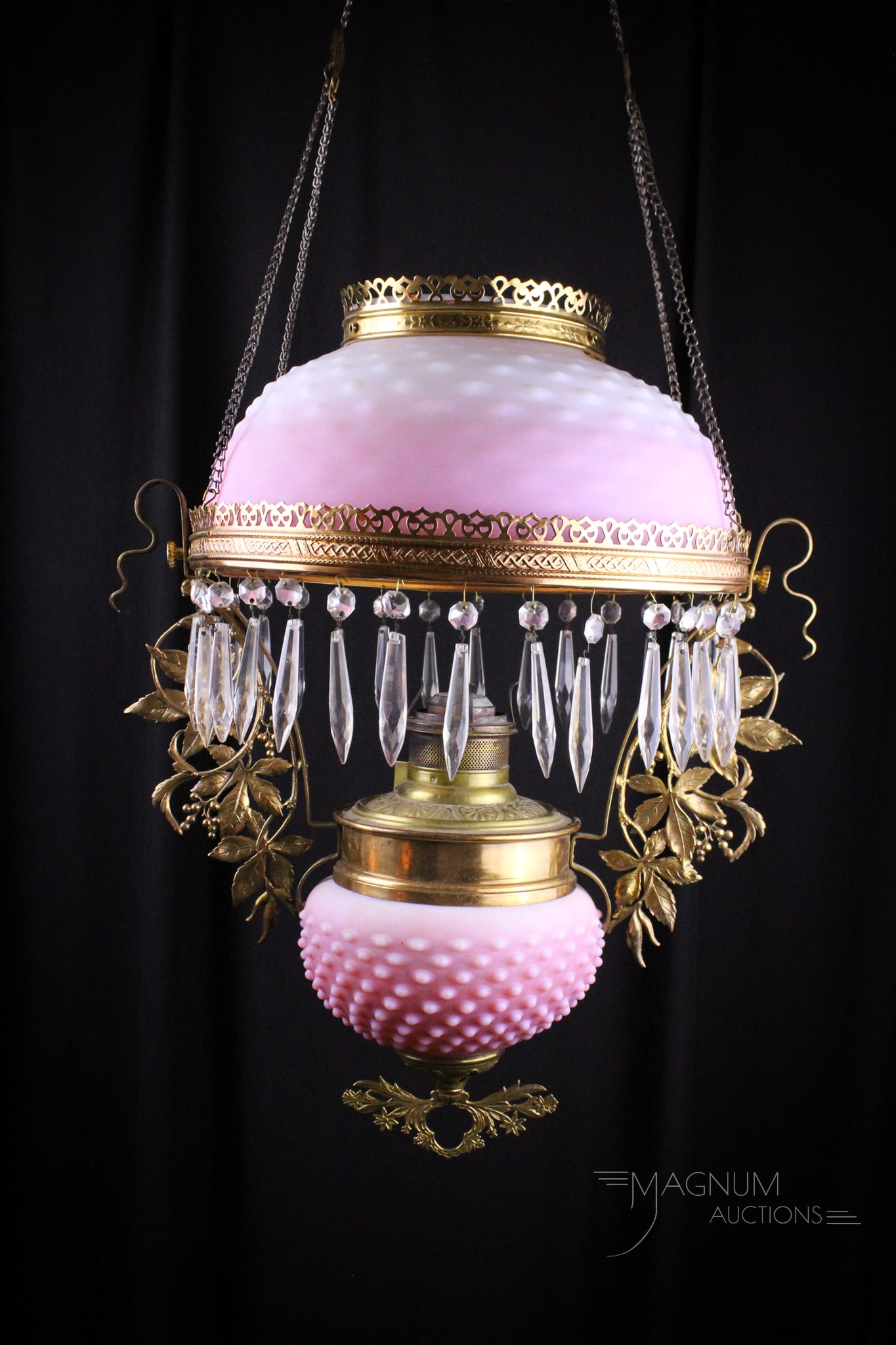 Victorian Hanging Parlor Pink Satin Hobb's Hobnail Glass: Over-the-top beautiful pink satin Victorian Hobb's Hobnail pattern hanging parlor lamp. This one features an ornate frame with passion flowers cascading down. Measures 40" long from the motor, approxi