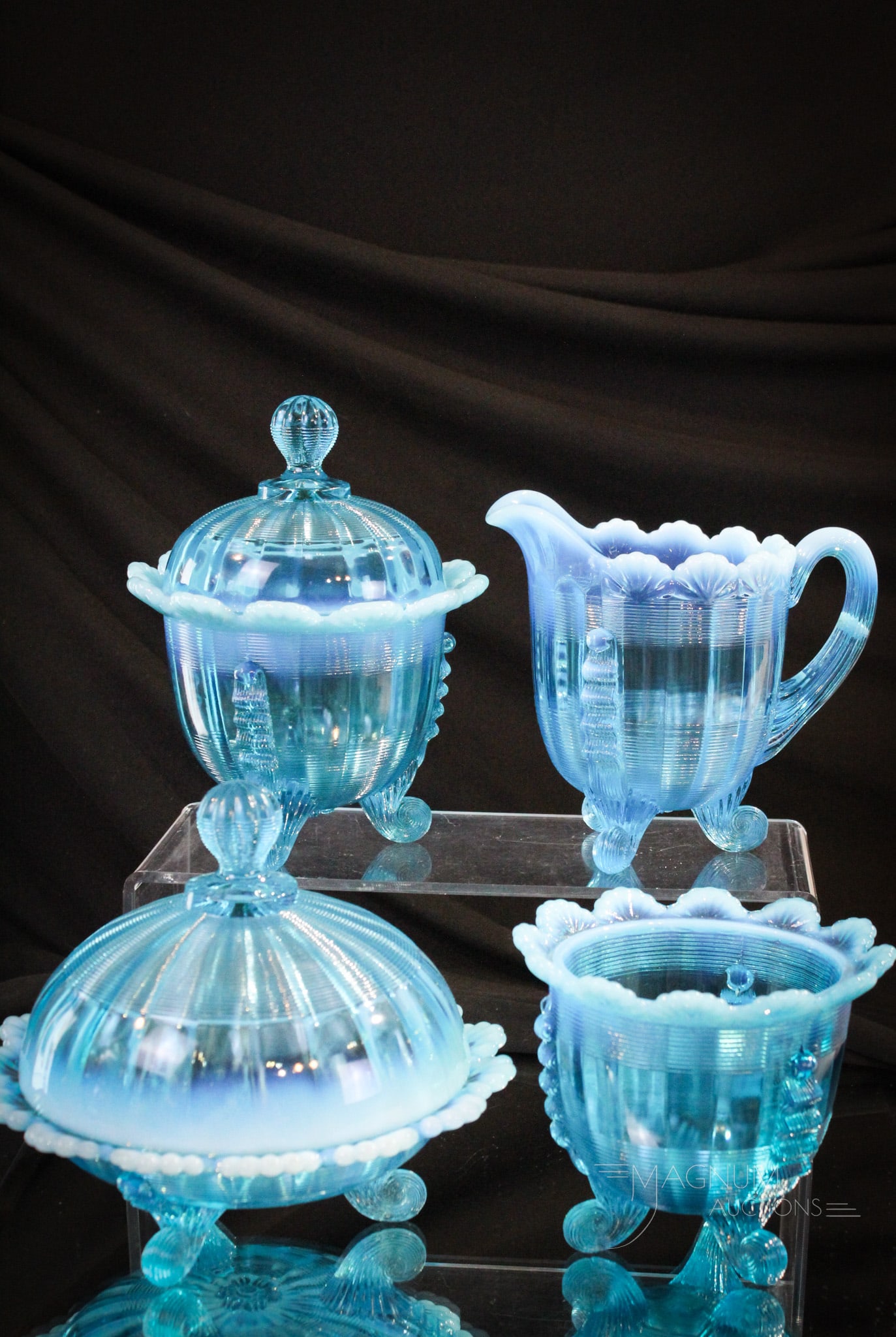 Northwood Blue Opalescent Fluted Scrolls Victorian Table Set: Look at the color of this fabulous Northwood Fluted Scrolls Victorian table set. Amazing! Tallest measures 6 1/2".