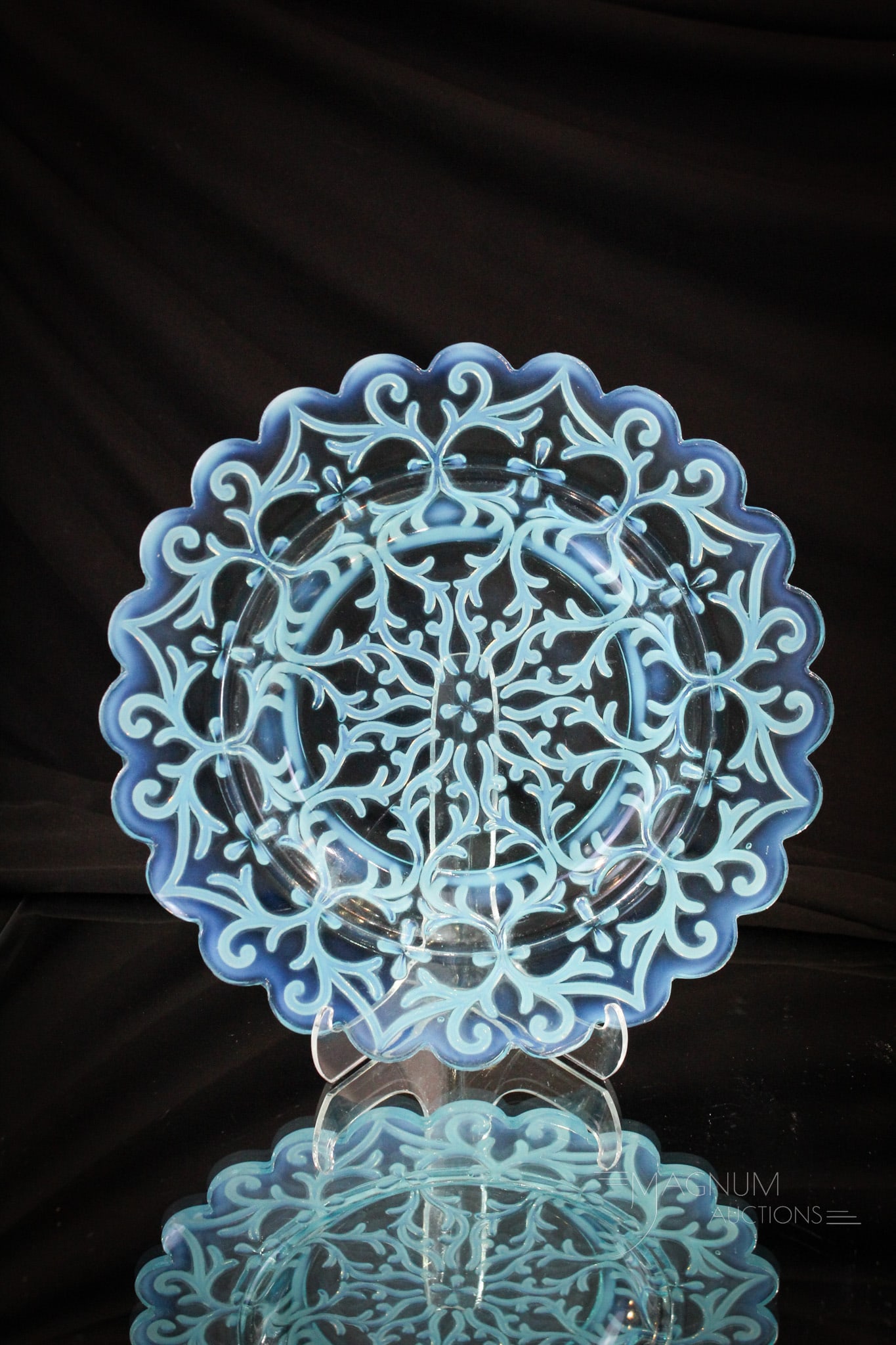 Victorian Northwood Blue Opalescent Spanish Lace Butter Base: Do you need one? If so, make this the time to buy one. This is a blue opalescent Spanish Lace pattern Victorian butter base. It measures 8 1/4" in diameter.