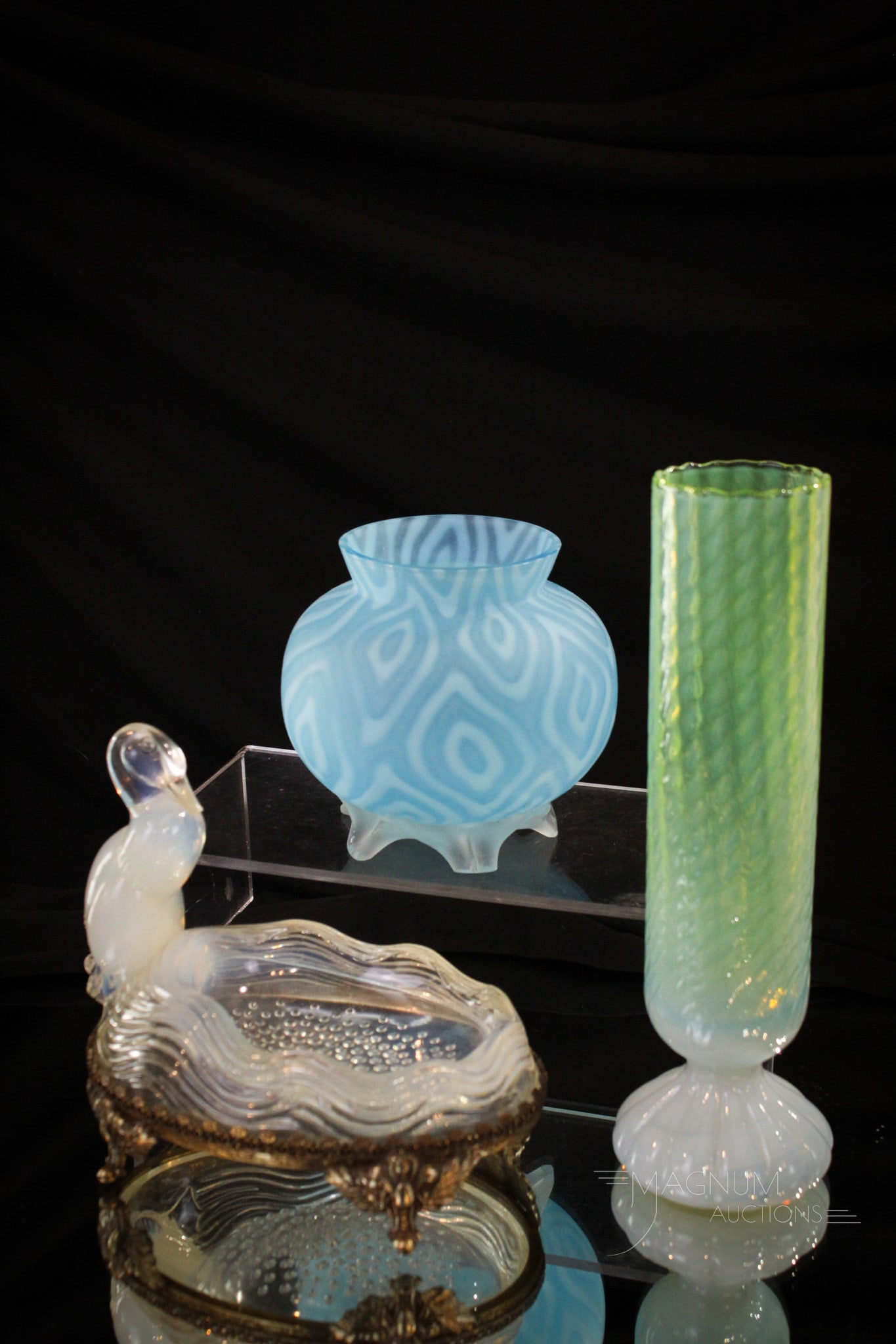 3 pc Lot Opalescent Art Glass Italian Verlys & Victorian: Three examples of opalescent art glass in this fine offering. A Verlys duck dish in ormulu frame. An Italian green opalescent mid century vase. Both of these along with a blue opalescent Victorian foo