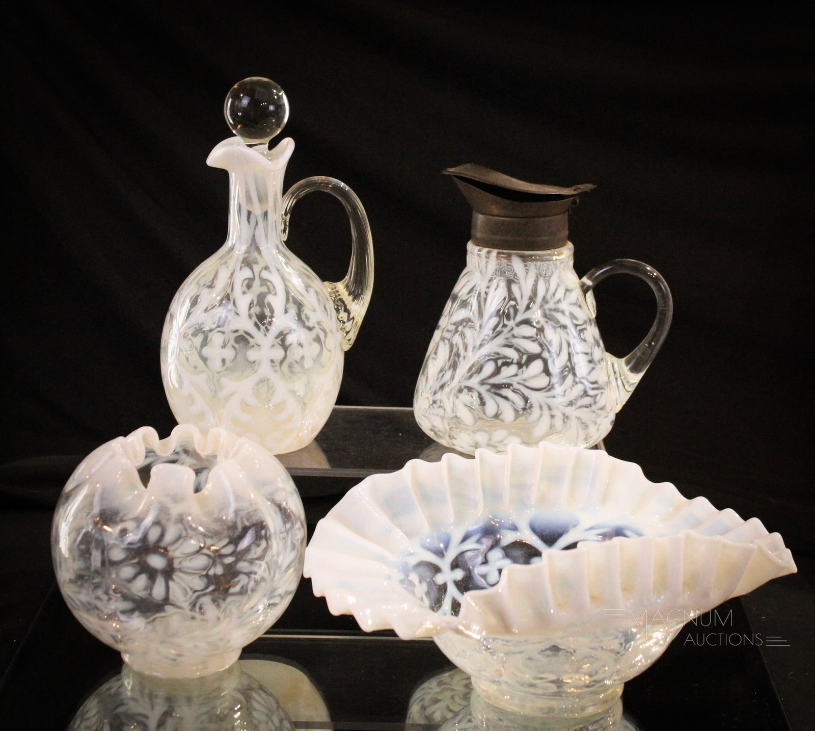 4 pc Lot Victorian Opalescent Northwood Glass: Four fine examples of Victorian opalescent glass included in this lot. Two pieces in the Spanish Lace pattern. Two in the Daisy & Fern pattern. Tallest measures 7".