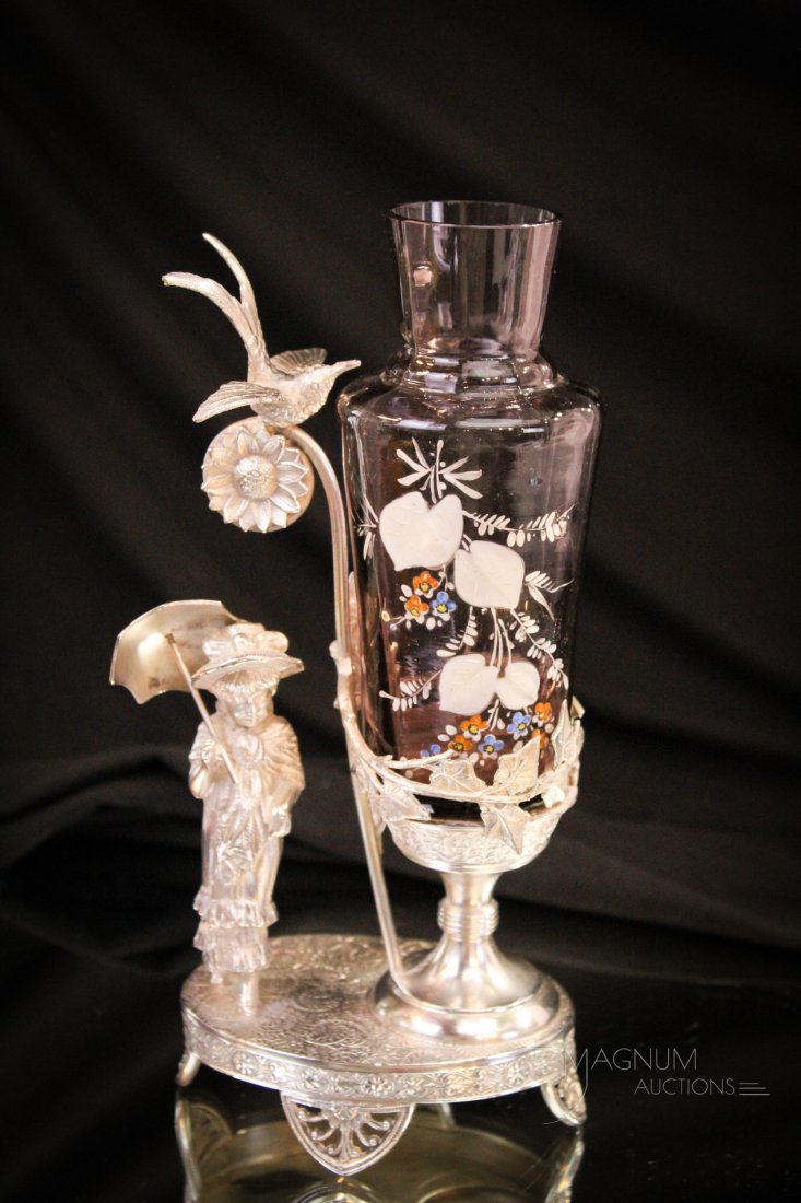 Tufts Figural Silverplate Victorian Kate Greenaway Amethyst Glass Enameled Vase: Super find in this signed Tufts Victorian Silverplate Kate Greenaway figural cabinet vase holder. Piece is complete with light amethyst glass enameled vase. Wonderful addition to any collection! Measu