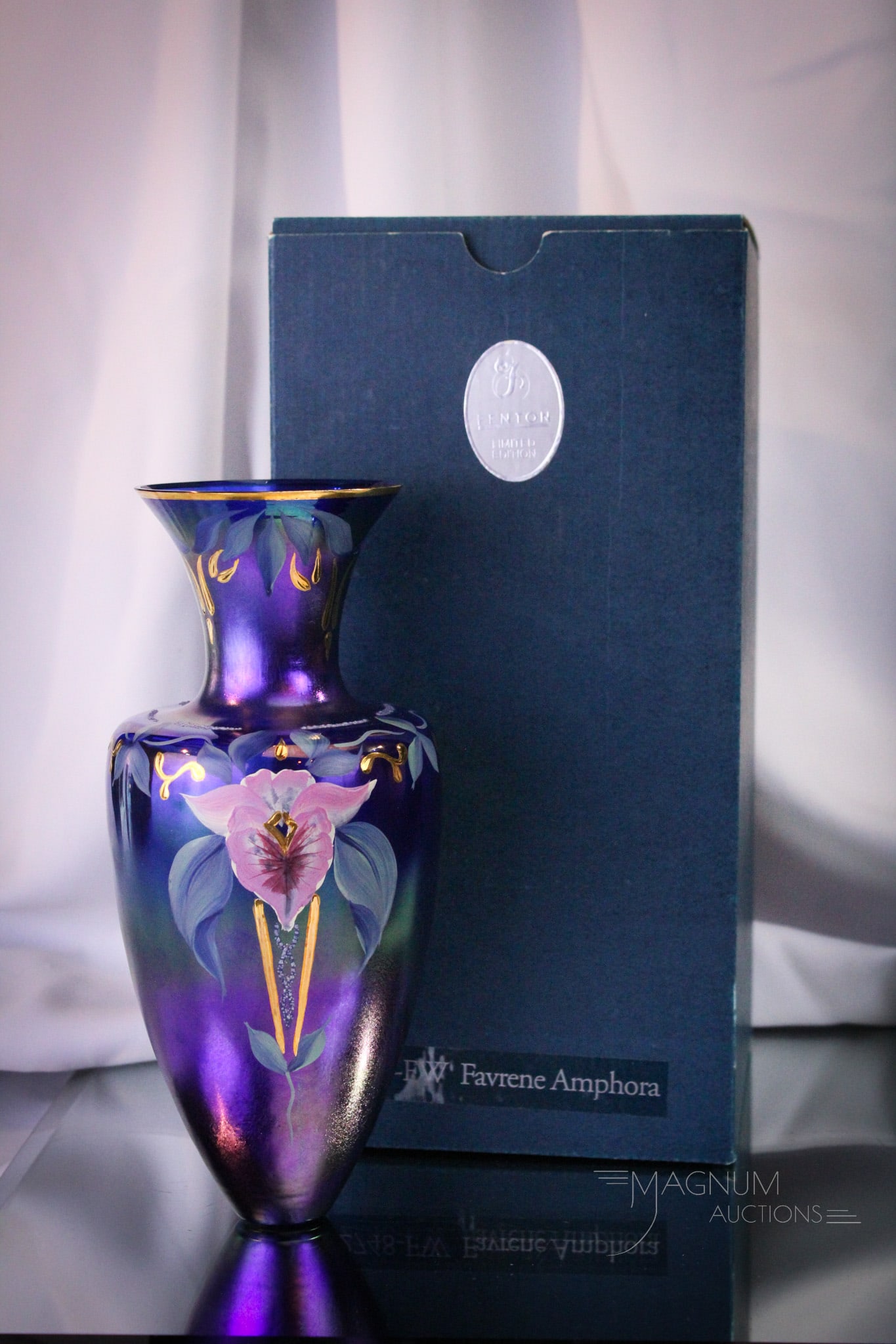 Fenton Favrene Glass Amphora Limited Edition Vase: Fabulous Fenton Favrene Limitied edition vase, numbered 201/850 complete in original box. Vase measures 11" tall.