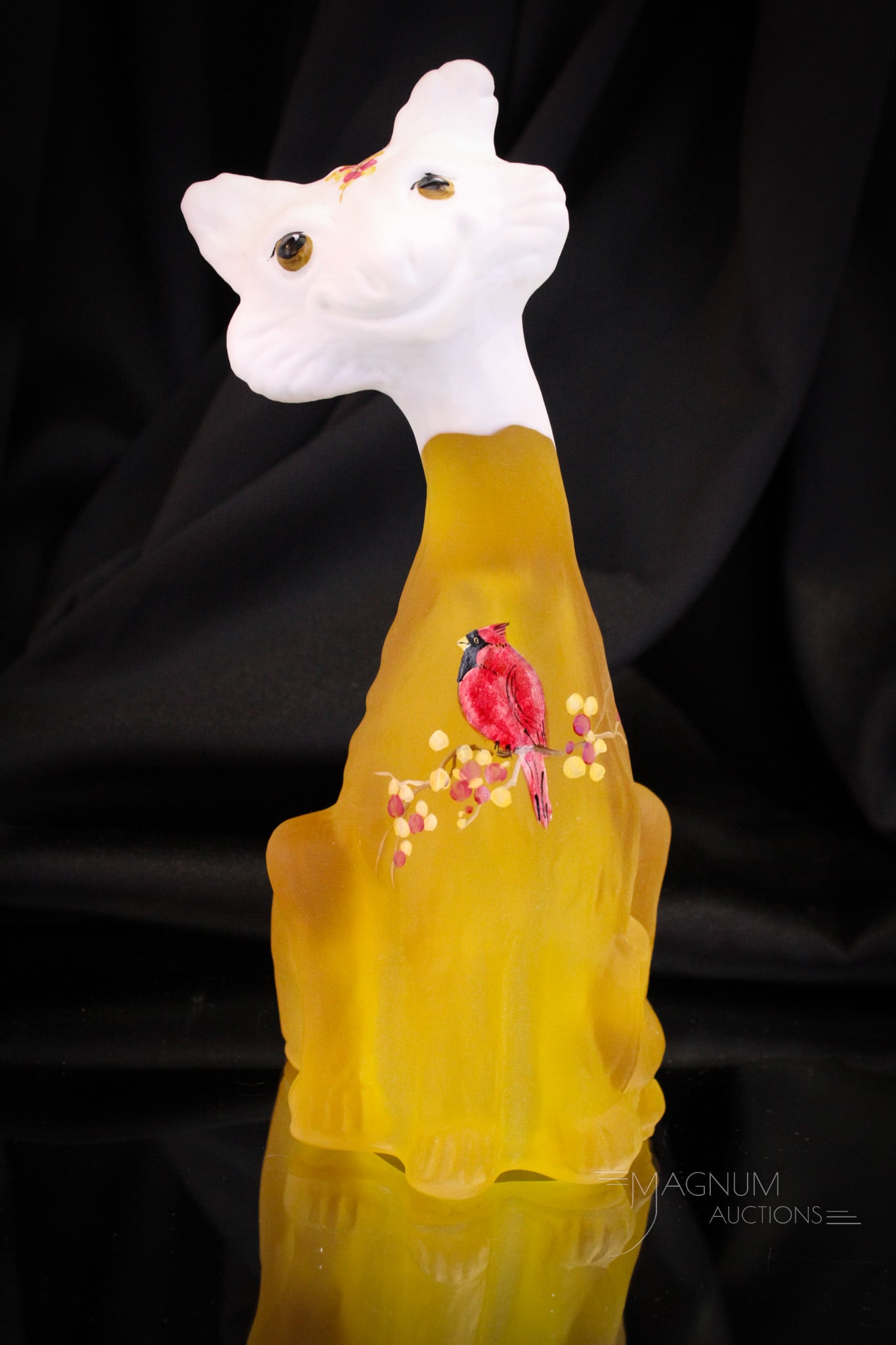 Fenton Glass Alley Cat: Smart Fenton alley cat In yellow satin with milk glass head hand painted with a cardinal. Cat measures 10 3/4" tall.
