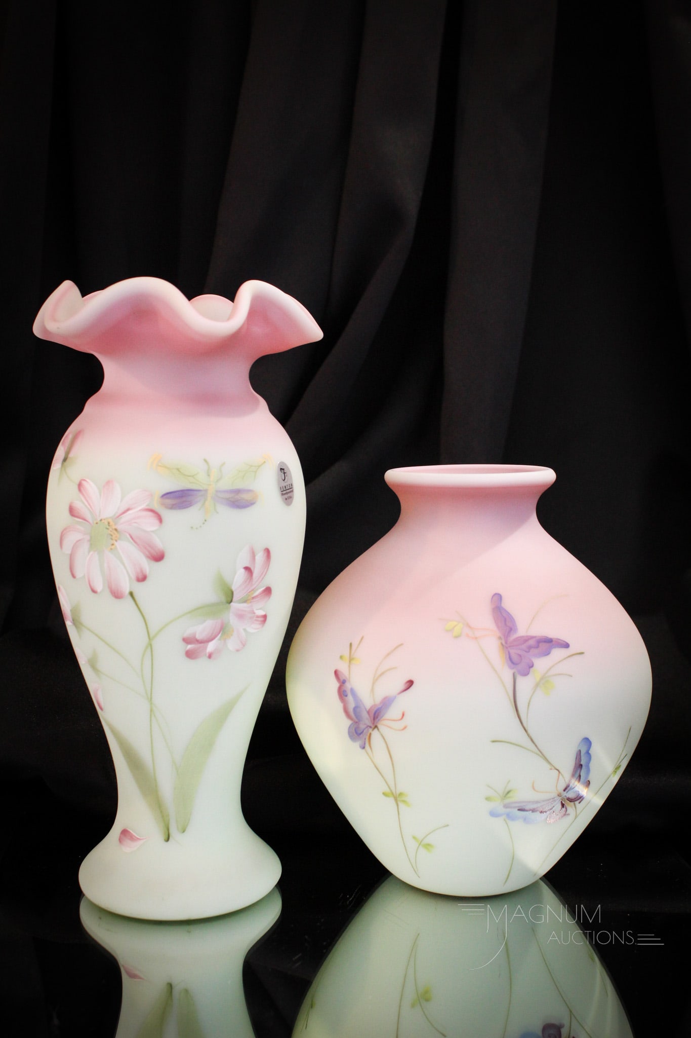 Fenton Lotus Mist Burmese Hand Painted Vases: Gorgeous Fenton Lotus mist burmese hand painted art glass vases. One with dragonfly, the other with butterflies. Tallest measures 10 3/4" tall.