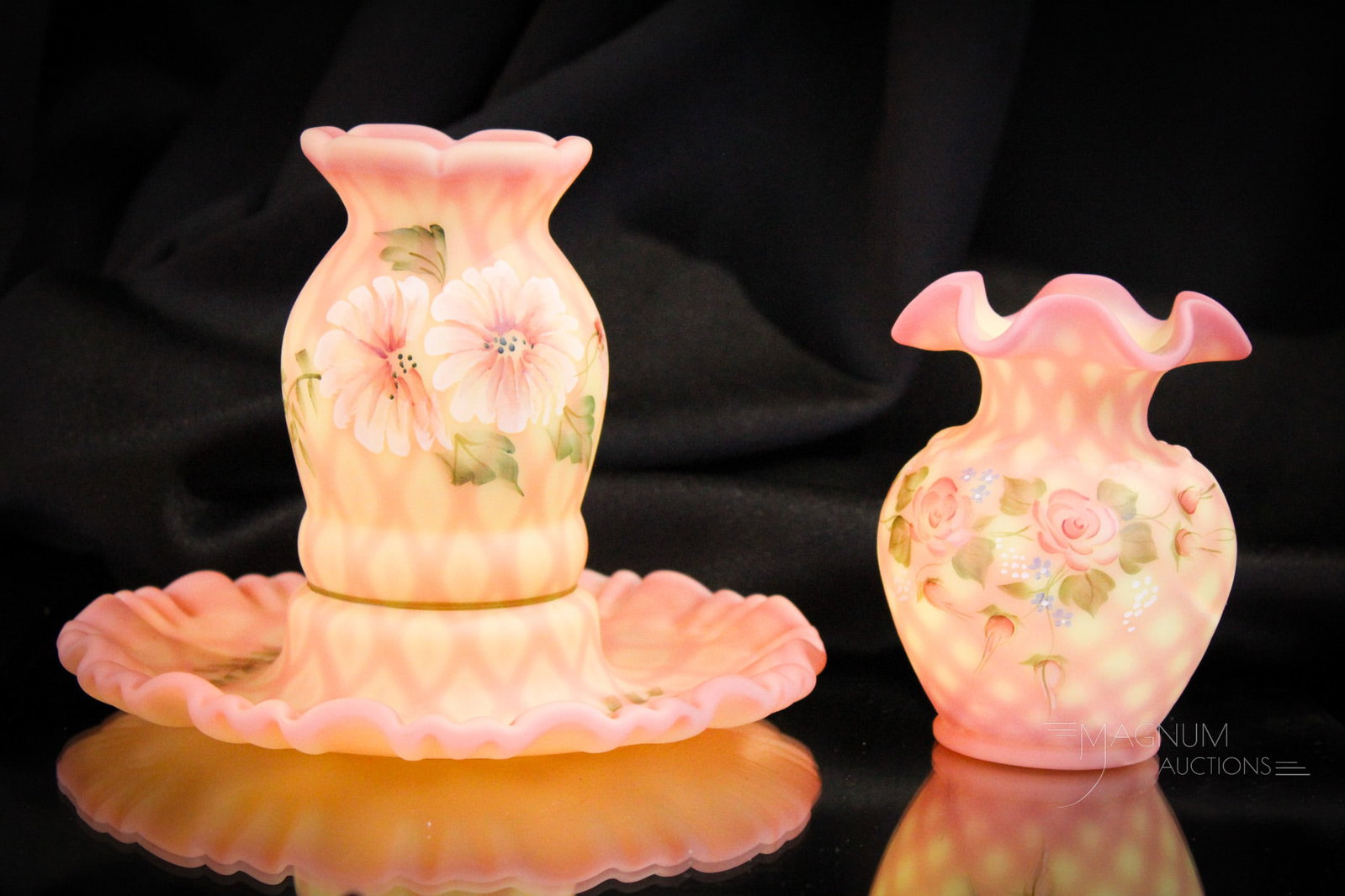 2 pc Lot Fenton Burmese Hand Painted Art Glass: Select offering of two pieces of Fenton burmese art glass. A super example of a fairy lamp along with a little vase both with lattice design. Tallest measures 5 1/2".