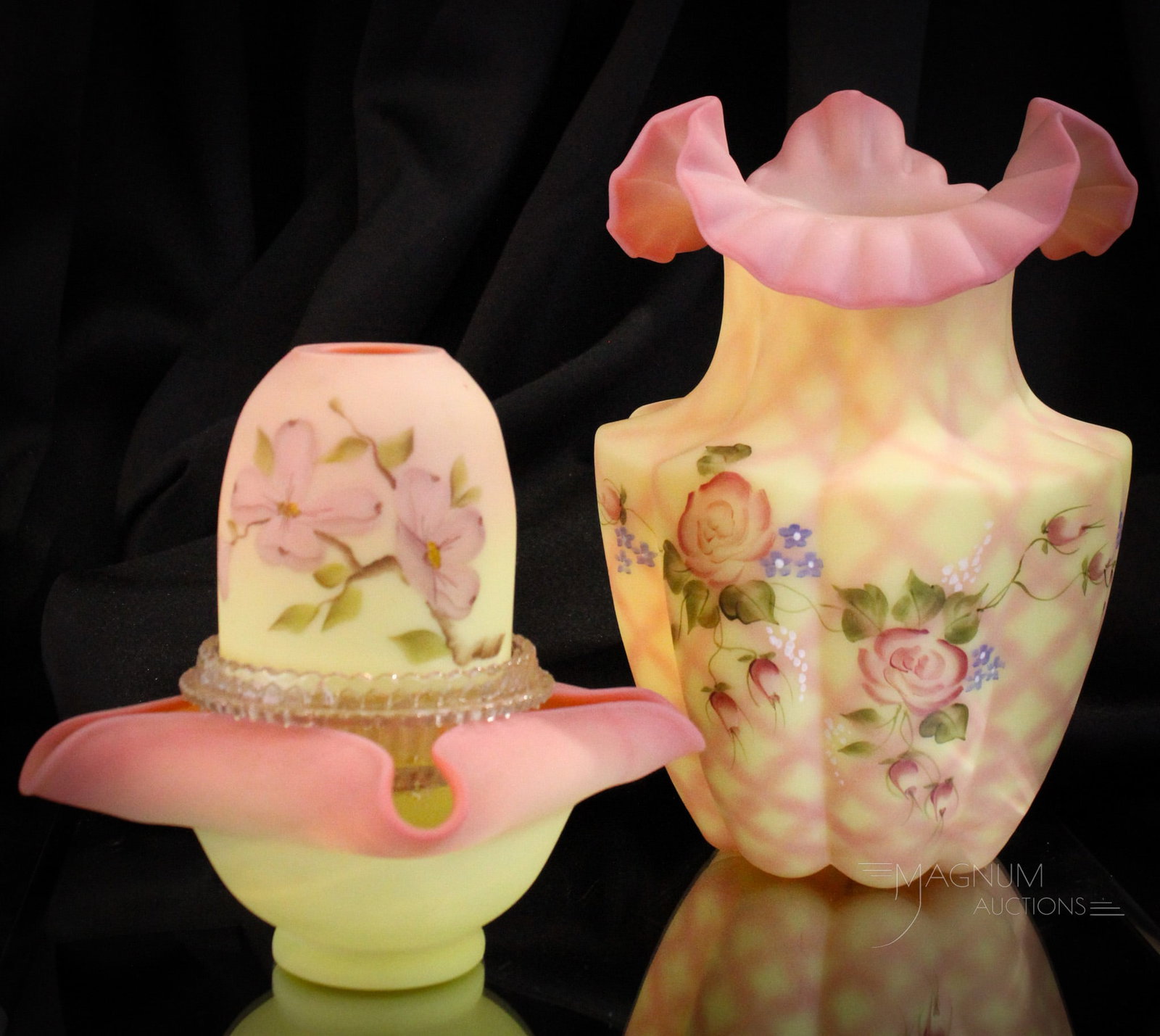 2 pc Lot Fenton Art Glass Burmese: Two select offerings of Fenton burmese art glass. This lot offers a lattice and roses vases along with a three piece dogwood fairy lamp. Tallest measures 8 1/4".