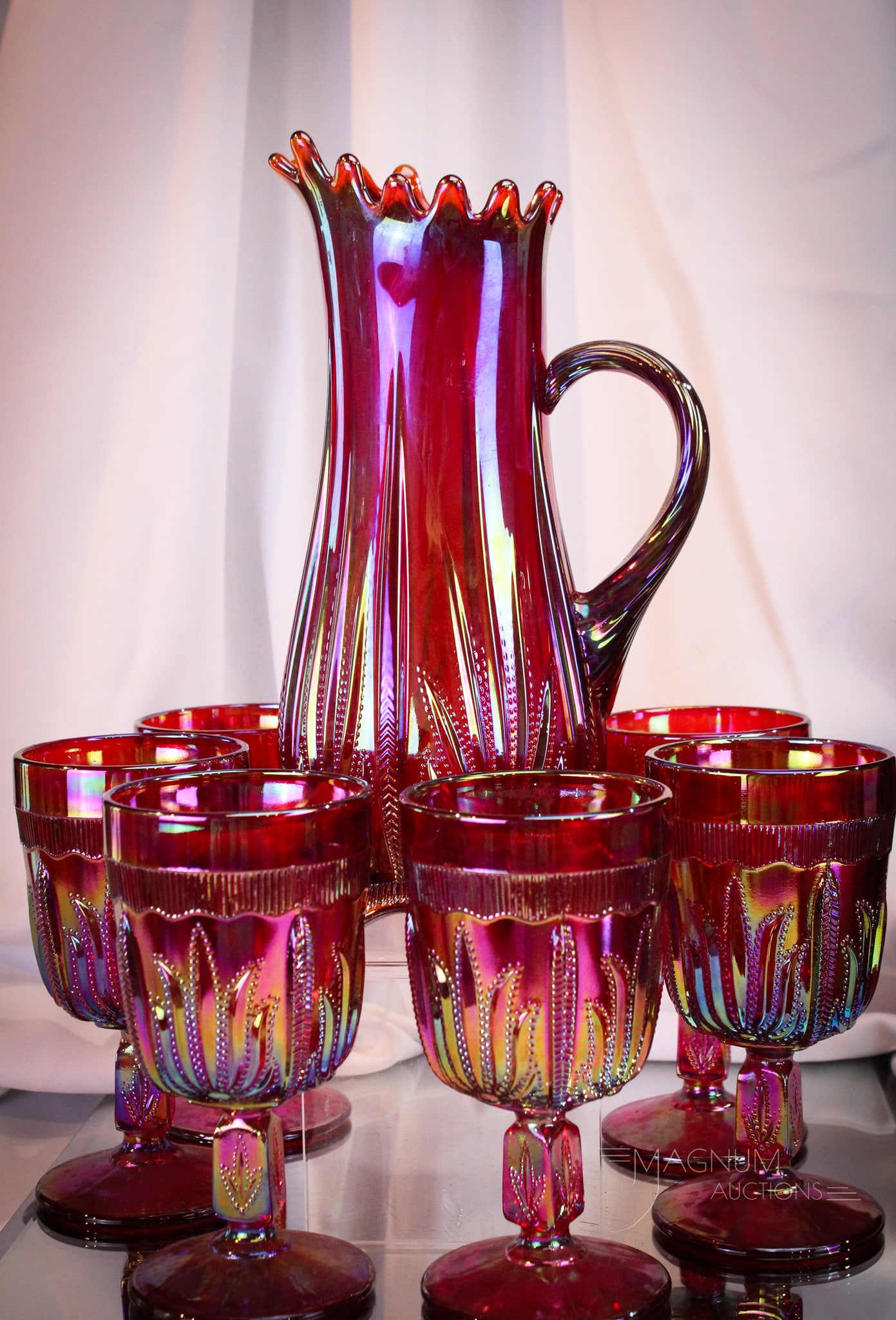 7 pc Lot Fenton for Levay Carnival Cactus Water Set: How impressive is this wonderfulset? We think very! Beautiful Fenton for Levay red carnival cactus pattern seven piece water set. One fine offering and a welcome addition to any collection. Tallest me