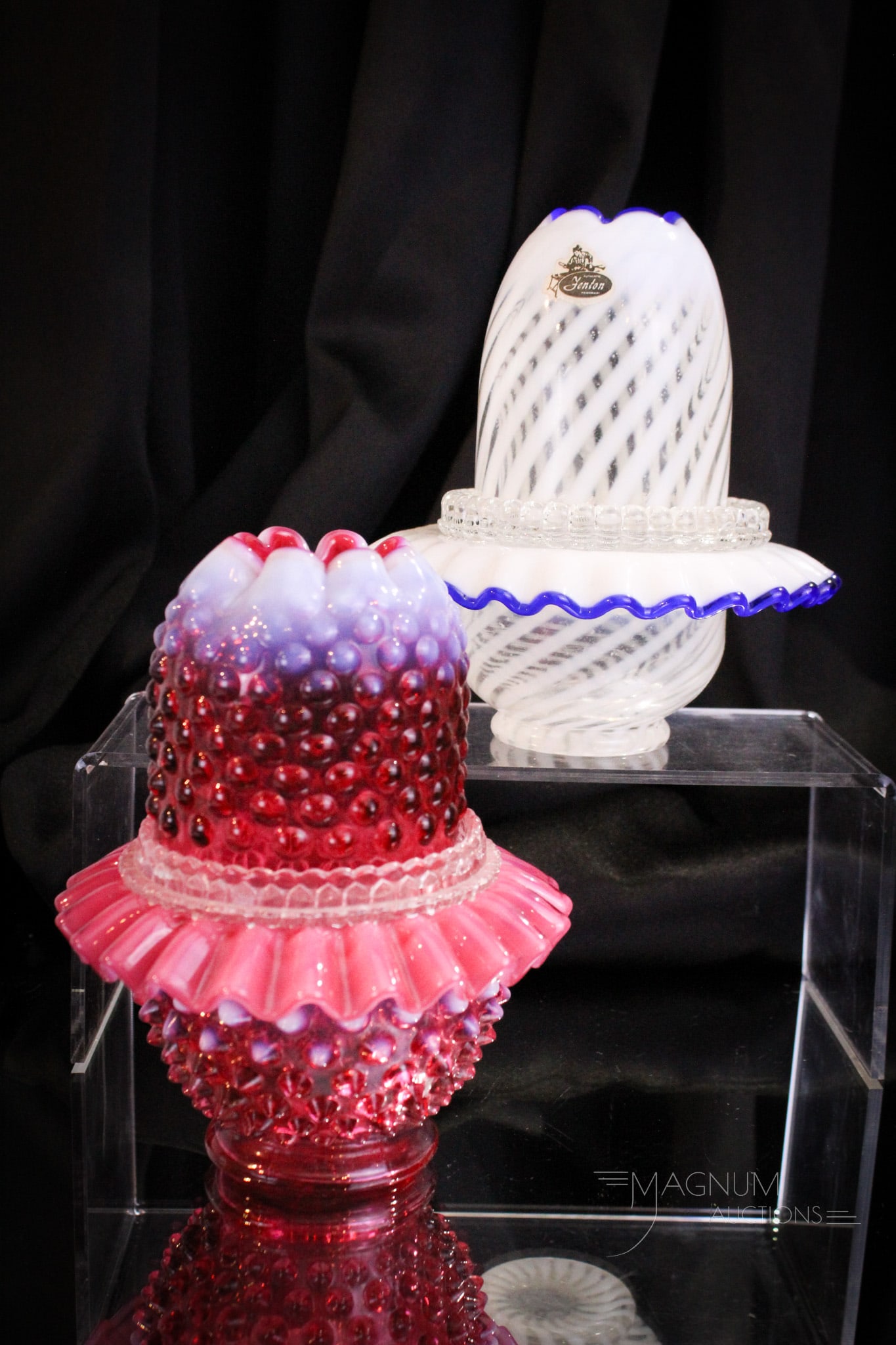 2 pc Lot Fenton Art Glass Fairy Lamps: Two desirable Fenton art glass fairy lamps. One in cranberry opalescent hobnail. The other in Blue Ridge opal. Tallest measures 5 1/2".