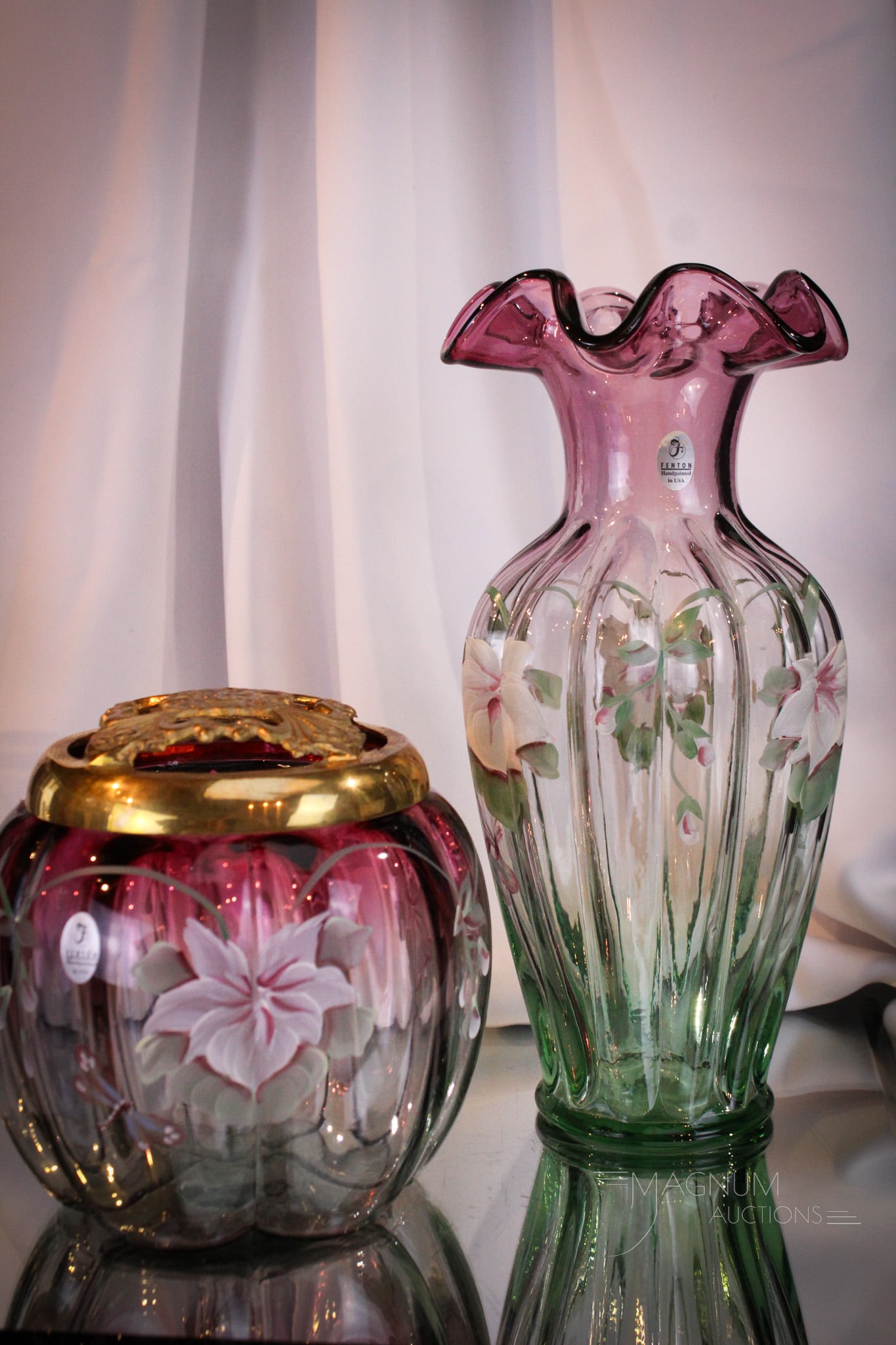 2 pc Lot Fenton Art Glass Rubena Verde: Beautiful pairing of two fine pieces of Fenton rubena verde. Lot includes a vase along with a potpourri jar. Tallest measures 11".
