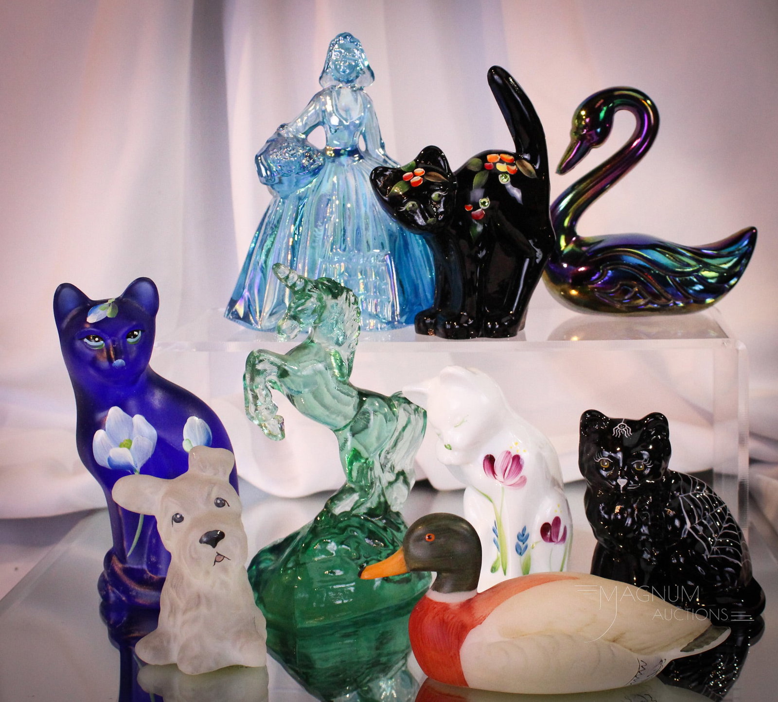 9 pc Lot Fenton Art Glass & More Animals: Nine piece lot of Fenton art glass and more critters. Six are hand painted. Tallest measures 5 1/4".