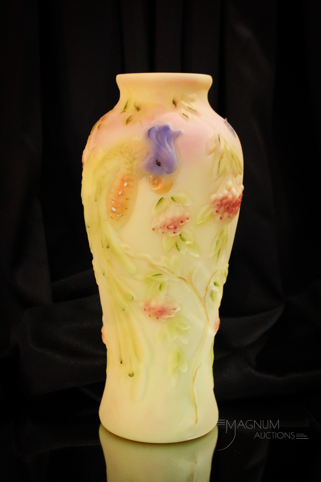 Fenton Burmese "Parrot Talk" Glass Vase: Fabulous Fenton Art Glass "Parrot Talk" vase in burmese glass. Beautifully hand painted and signed. Measures 12 1/4" tall.