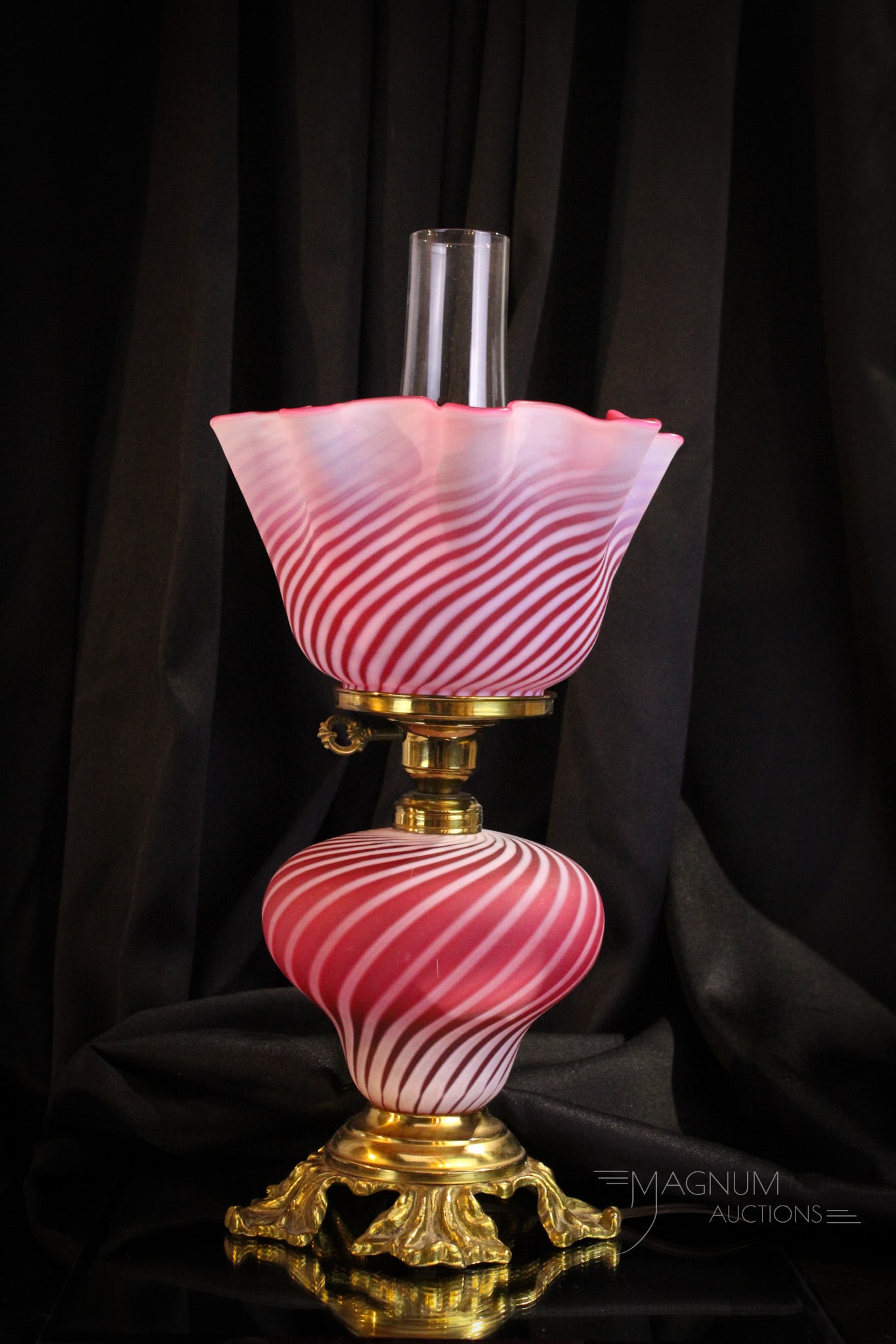 Fenton L. G. Wright Cranberry Opalescent Satin Spiral Optic Table Lamp: Scrumptious Fenton for L.G. Wright cranberry opalescent satin spiral optic swirl table lamp. Lamp measures 15 1/2" tall.