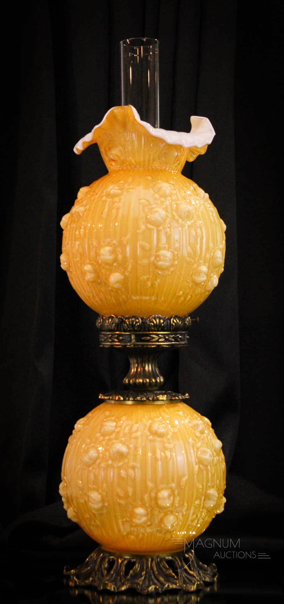 Fenton Amber Overlay Embossed Roses Table Lamp: Great light Pooh Bear Honey cased overlay Fenton glass embossed roses table lamp. Fine example with super detailing. Measures 20" tall.