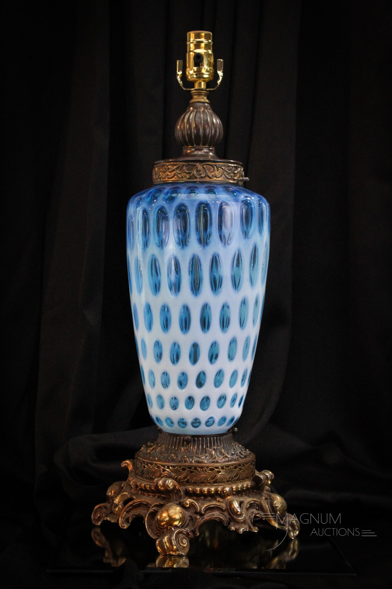Fenton Art Glass Blue Opalescent Coin Dot Lamp Base: Fantastic Blue Opalescent Fenton art glass coin dot pattern lamp base. Lamp measures 24" tall. Vivid blue coloring.