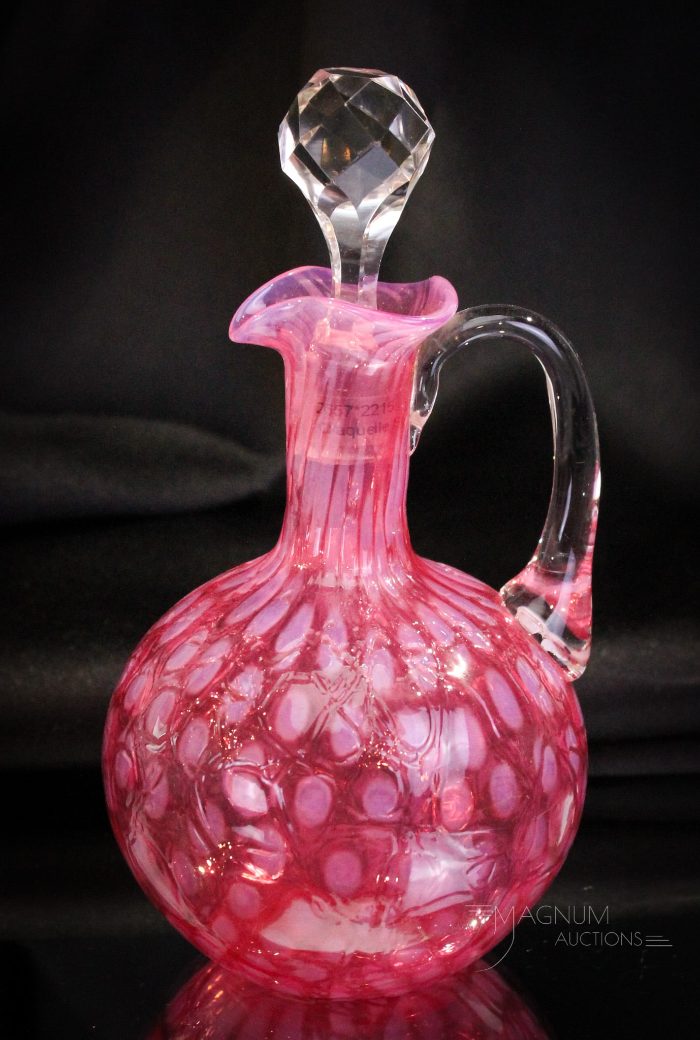 Cranberry Opalescent Craquelle Victorian Cruet: Fine example of a scarcely found Victorian cruet. This one in cranberry opalescent with craquelle finish. Nice example and perfect for your collection!. Measures 6 1/2" tall.