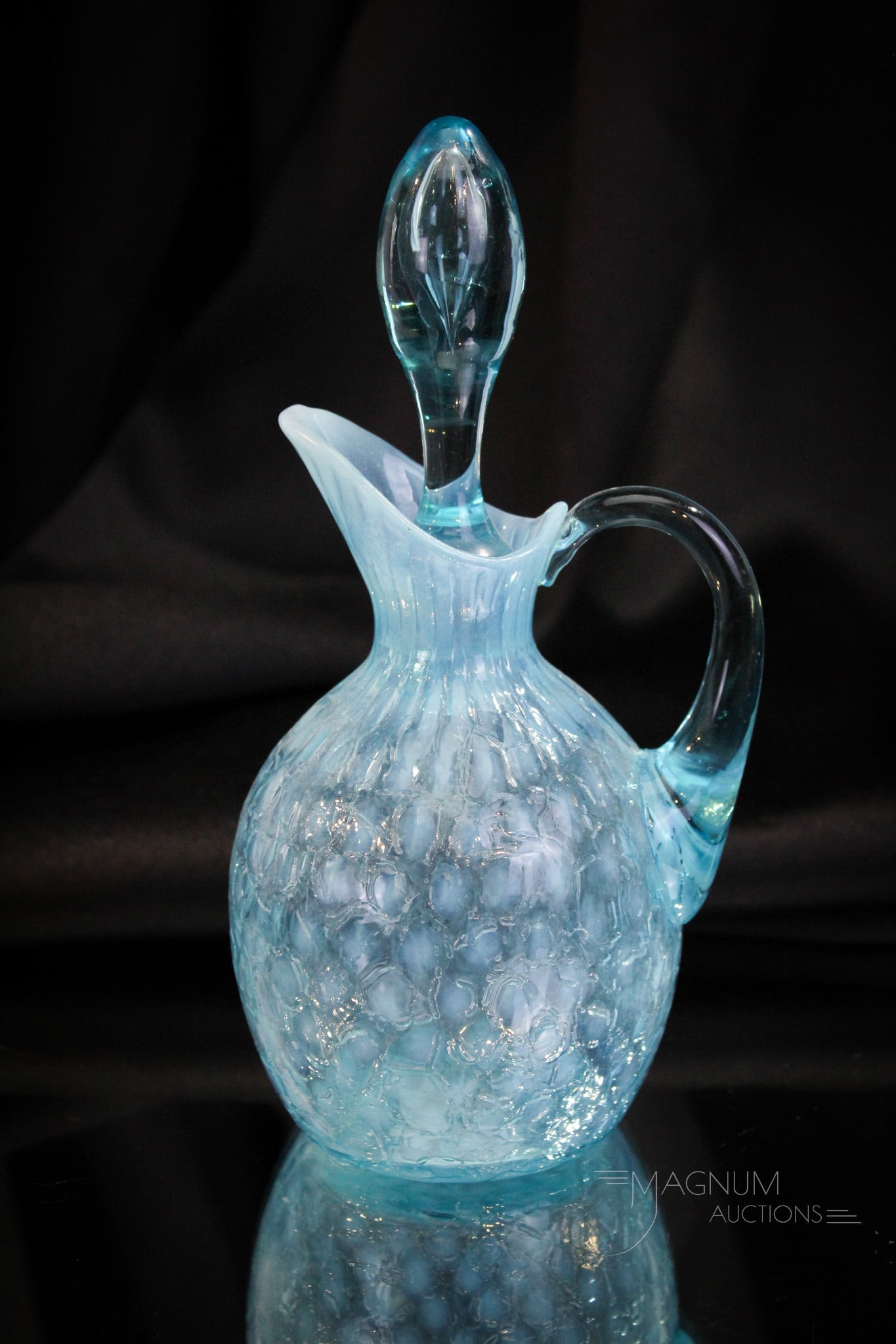 Blue Opalescent Craquelle Victorian Cruet: Another scarcely ever seen cruet. This one in blue opalescent baby coinspot with craquelle effect to the exterior. Complete with original stopper. Measures 7" tall.