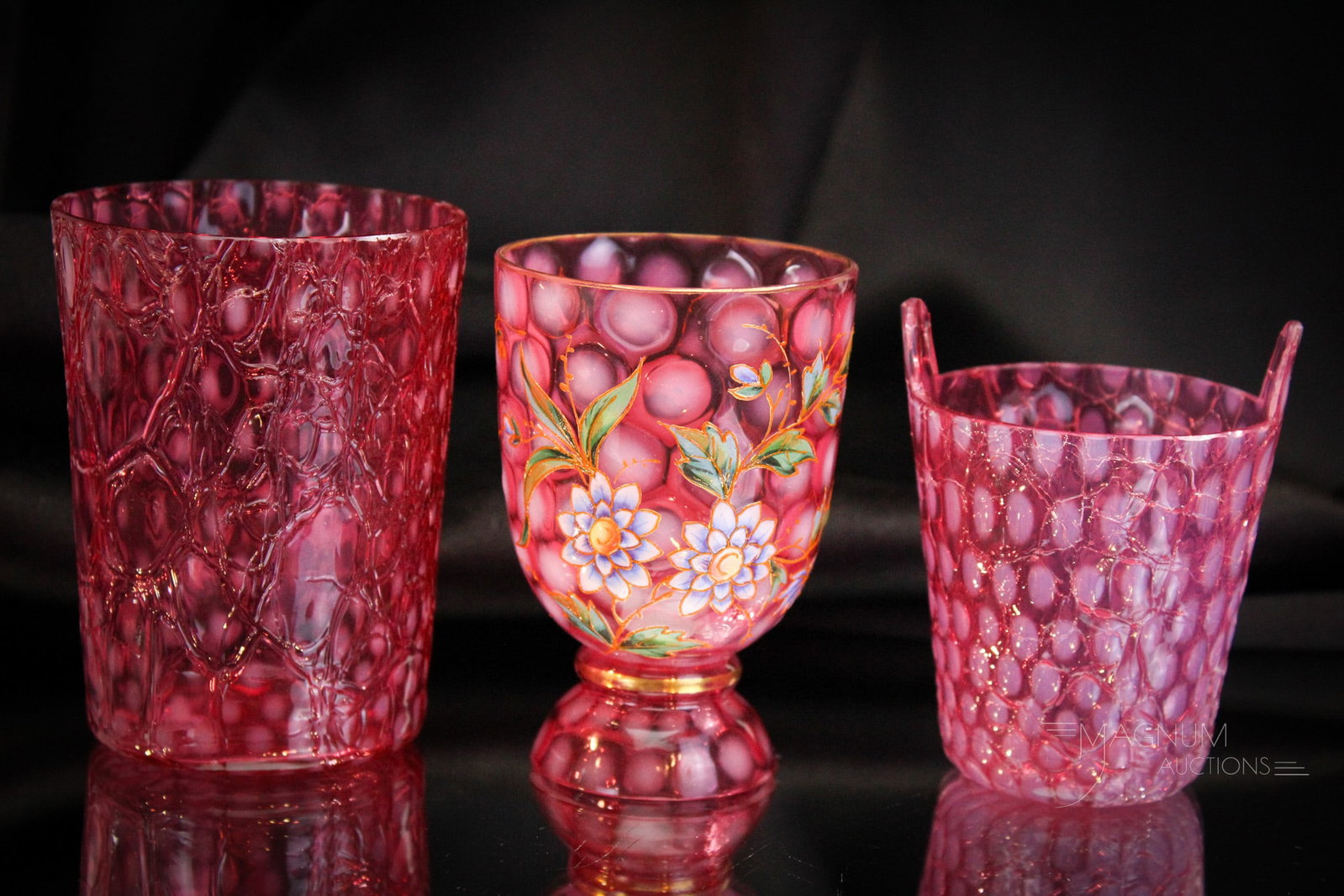 3 pc Lot Cranberry Opalescent Victorian Craquelle Glass: Three select items in cranberry opalescent craquelle glass for your bidding pleasure. Included is a diamond optic tumbler, a baby coinspot miniature ice bucket, and completed by a enameled and gilt em