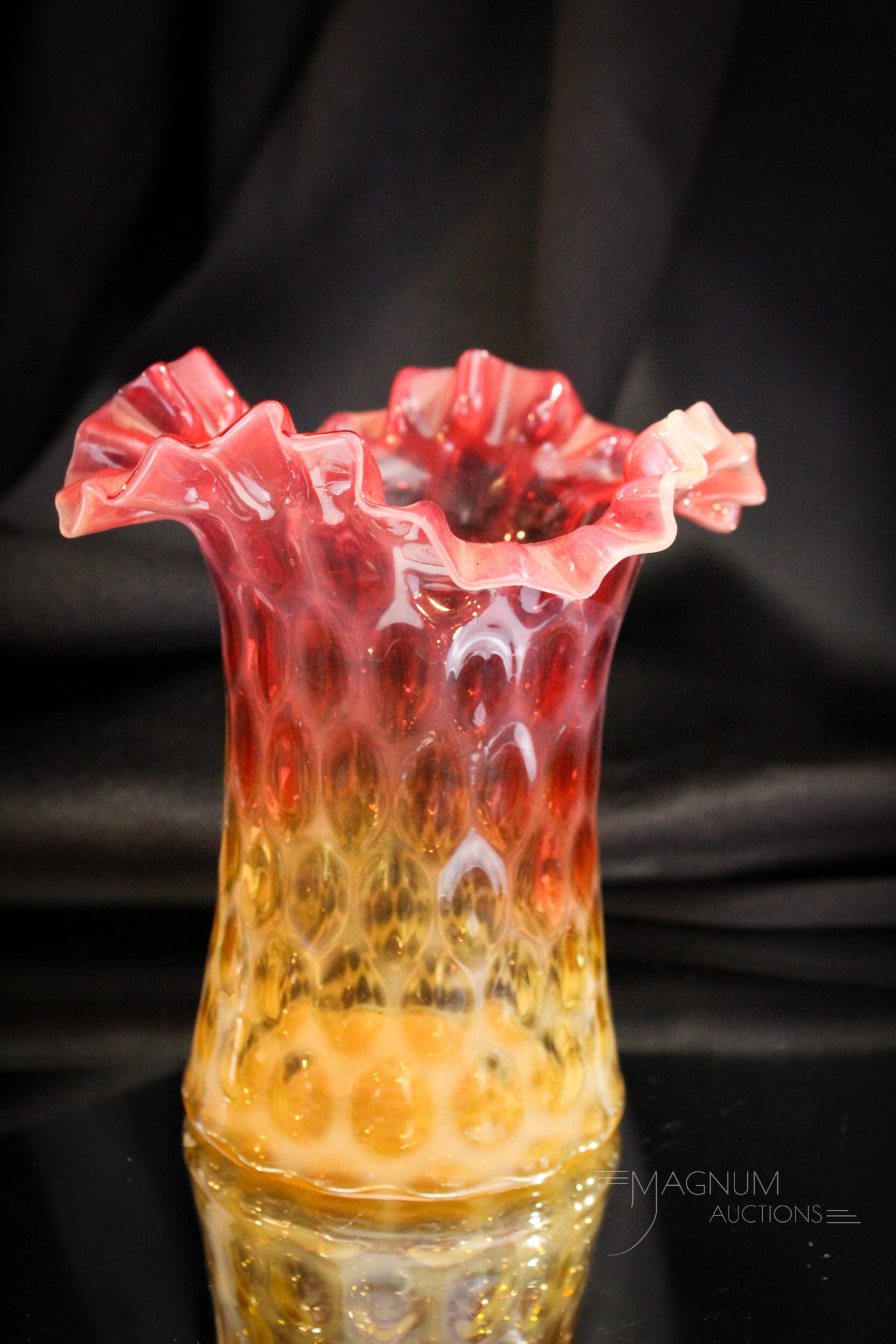 Phoenix Amberina Opalescent Honeycomb Victorian Spooner: Rarely ever seen is this attributed to Phoenix glass amberina opalescent spooner with ruffled rim. Make sure to bid early on this gem. It stands 5" tall.