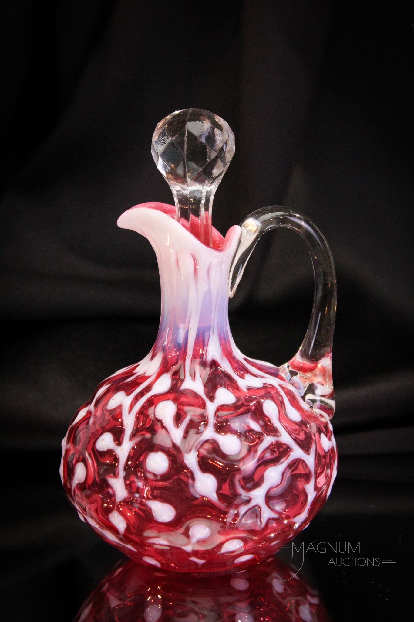 Hobb's Cranberry Opalescent Seaweed Victorian Cruet: Hobb's Cranberry Opalescent Victorian Glass Seaweed cruet. This one is so beautiful. Lovely rich cranberry coloring with crisp white opalescence. It stands 6 1/2" tall.