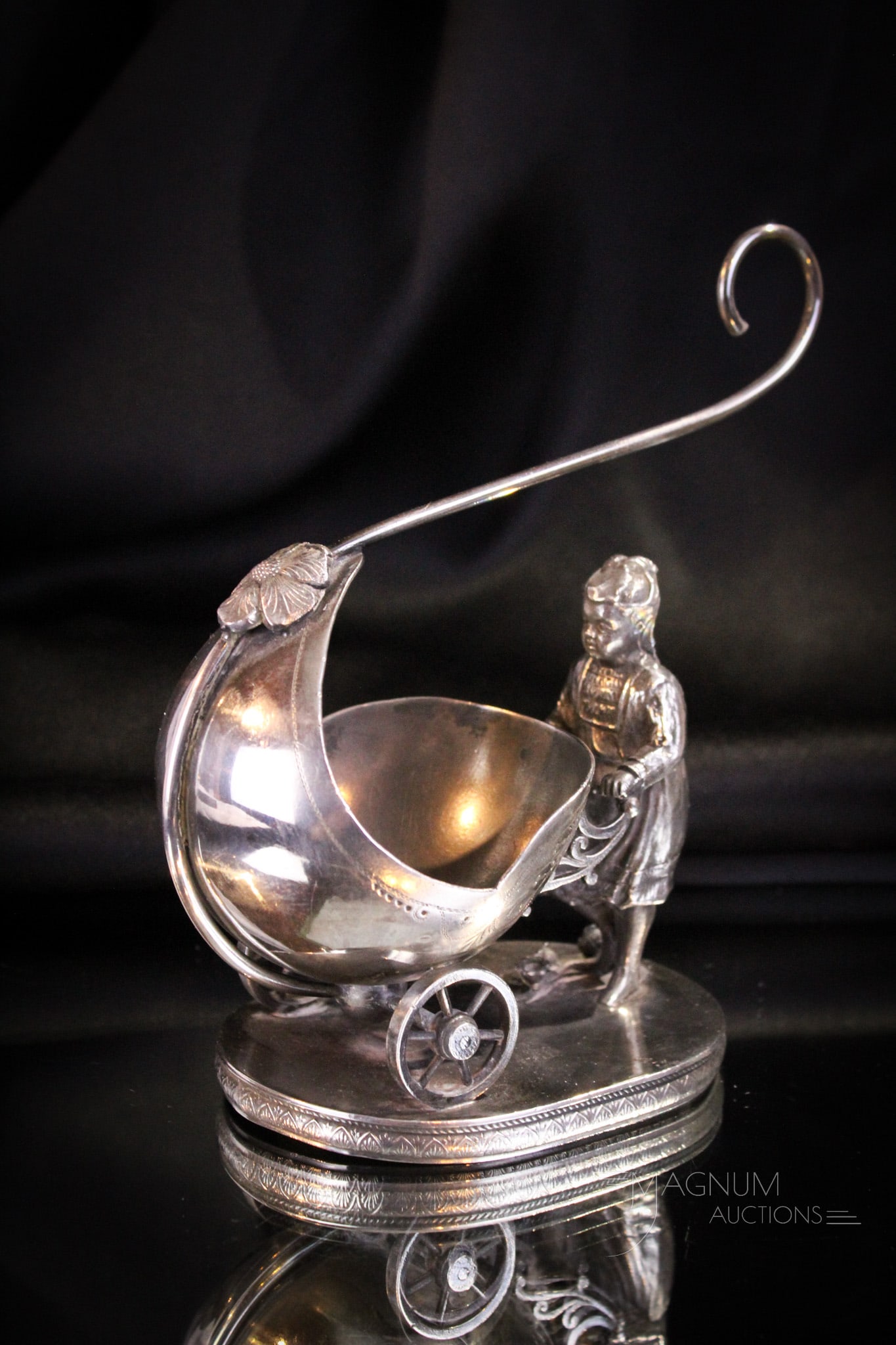 Mermod Jaccard Figural Victorian Silverplate Card Receiver: Fine example of a Victorian silverplate card receiver signed Mermod Jaccard Silverplate. Piece features a girl with baby buggy. Measures 7" tall, 7" wide.