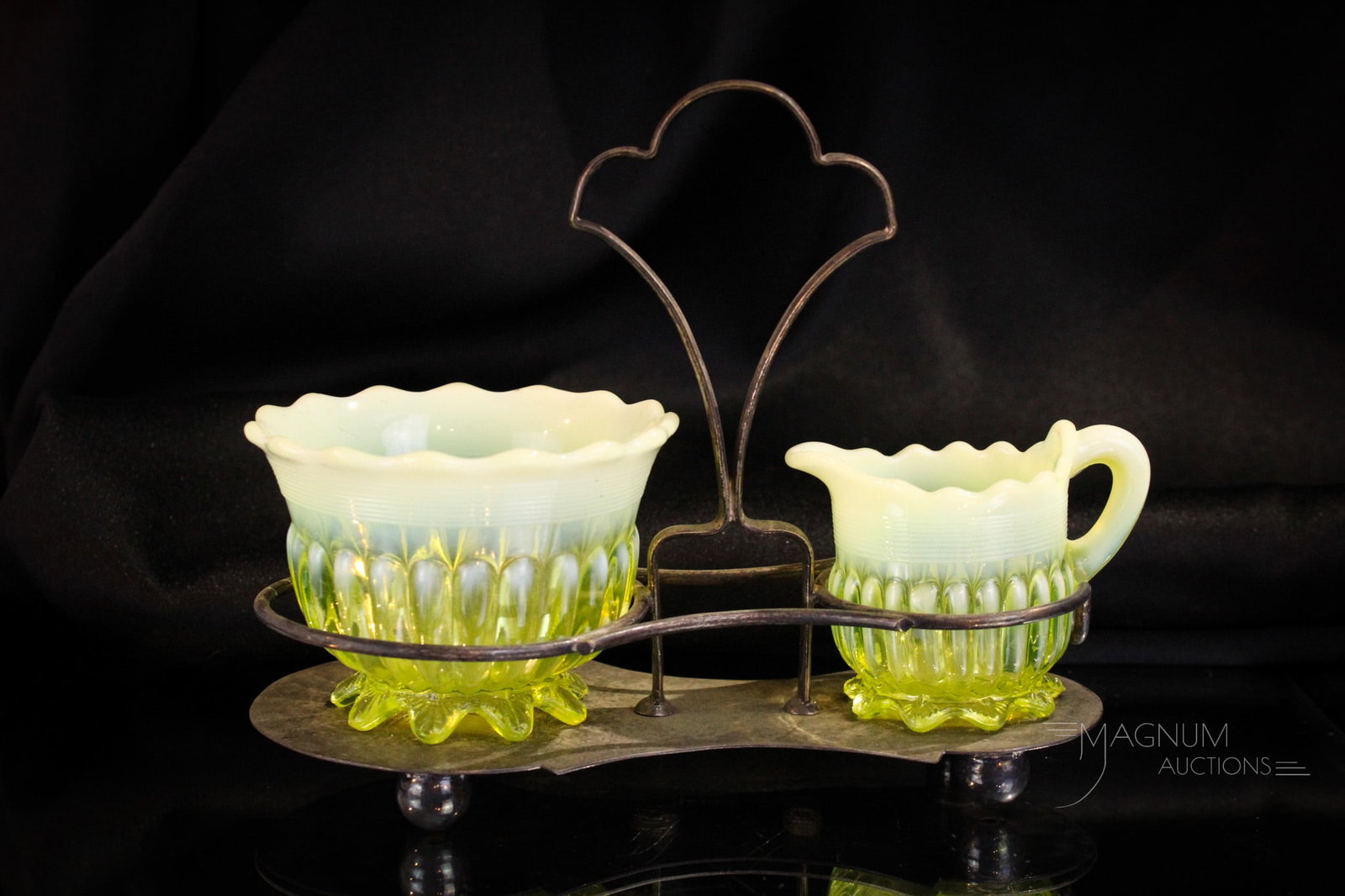 Davidson Victorian Vaseline Opalescent Glass & Silverplate Breakfast Set: Select offering of a breakfast set in Davidson vaseline opalescent glass set in silverplate stand. Complete set measures 6" tall.