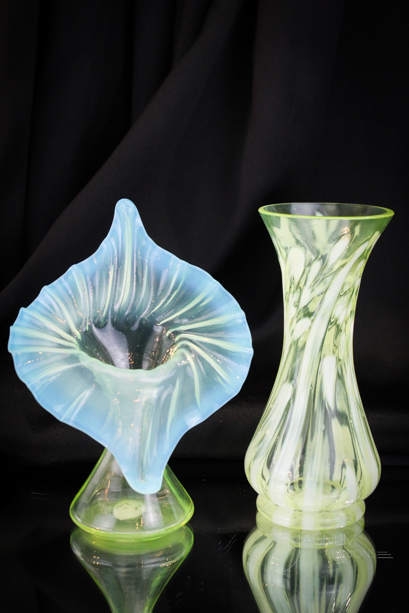 2 pc Lot Vaseline Opalescent Victorian Glass Vases: Two fab finds in Victorian vaseline glass for your bidding pleasure. The first a Star Flower vase. The second, a vaseleine to blue Jack in the pulpit art glass vase. Tallest measures 7 1/4".