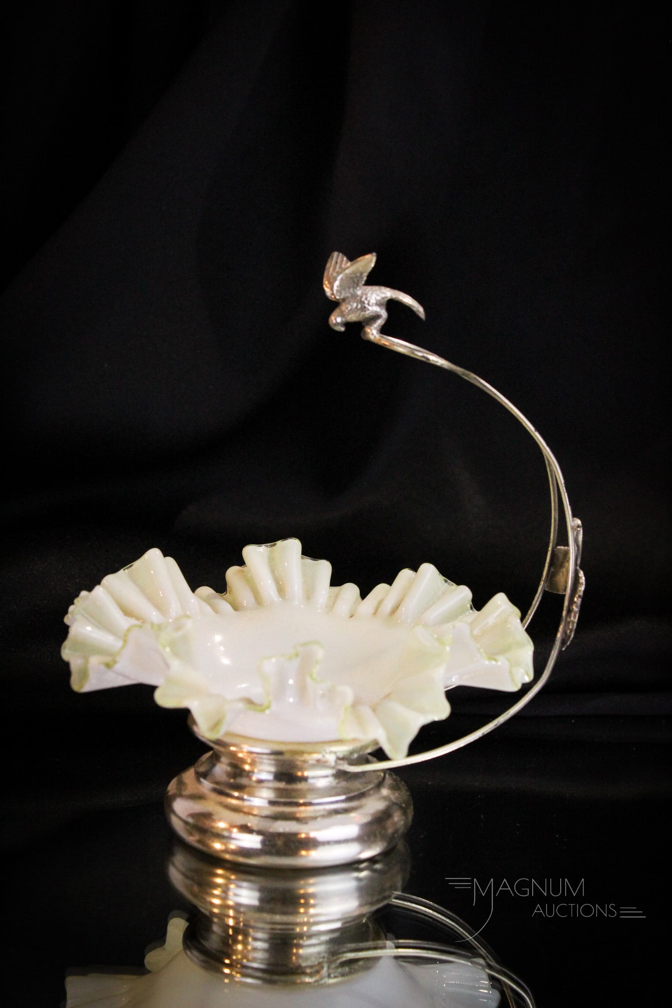 Victorian Miniature Uranium Cased Glass Brides Basket: Such a pretty example of an art glass uranium cased miniature brides bowl set in silverplate holder with figural bird ornament on top.