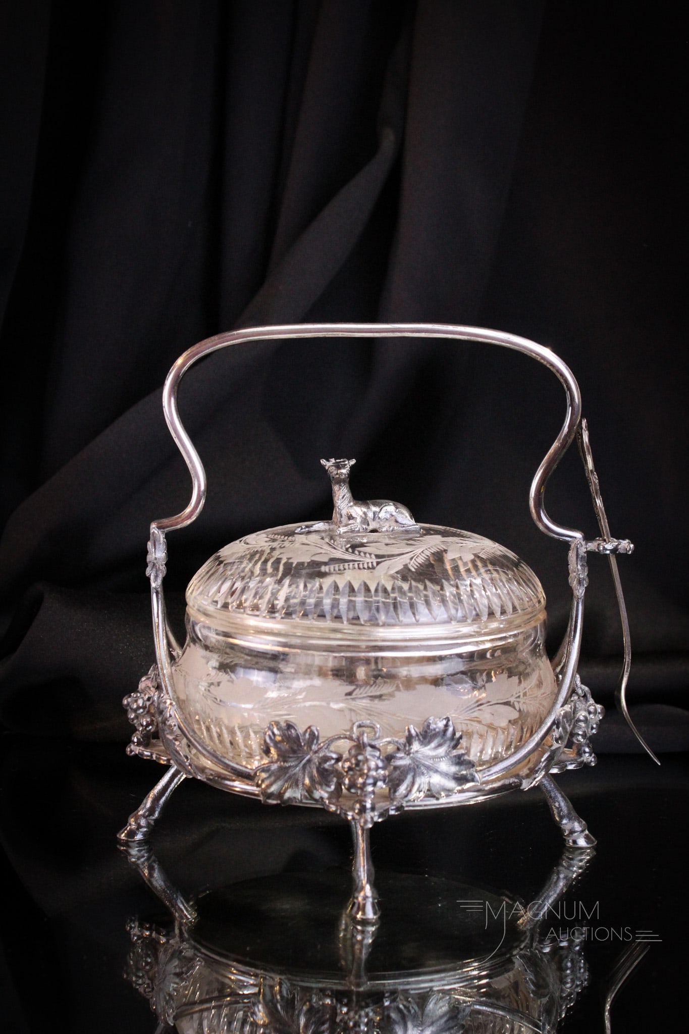 Fantastic Silverplate & Glass Victorian Candied Apricot Server: Fantastic example of a beautiful Victorian silverplate and glass candied apricot server. This one features clear engraved insert complete with original lid and reclining deer finial. Original insert h