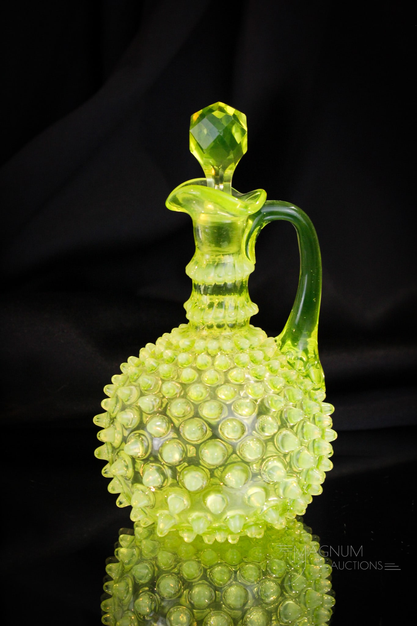 Hobb's Vaseline Opalescent Hobnail Victorian Glass Cruet: Amazing example of a Hobb's Hobnail pattern Victorian glass cruet in vaseline opalescent. This one in perfect condition and complete with original stopper. Measures 7 1/4" tall. Bid high for this one.