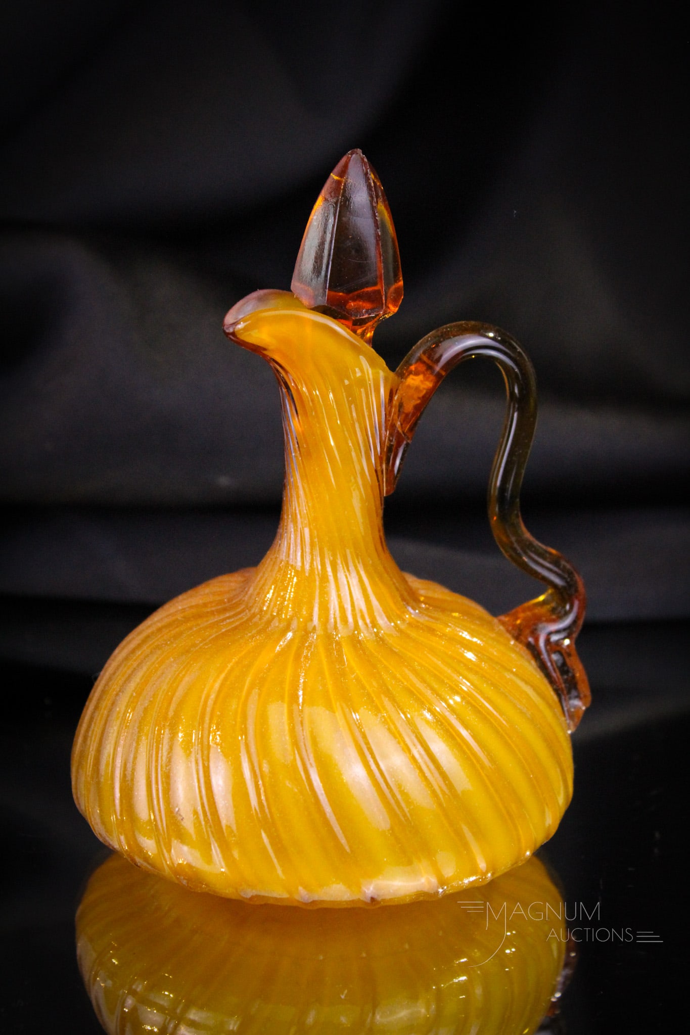 Hobb's Victorian Glass Satina Swansbill Cruet: Nice addition to any collection is this Hobb's amber cased Swansbill cruet. This one with great deep root beer amber coloring. Cruet lacking original stopper and heat check to the applied handle at ap