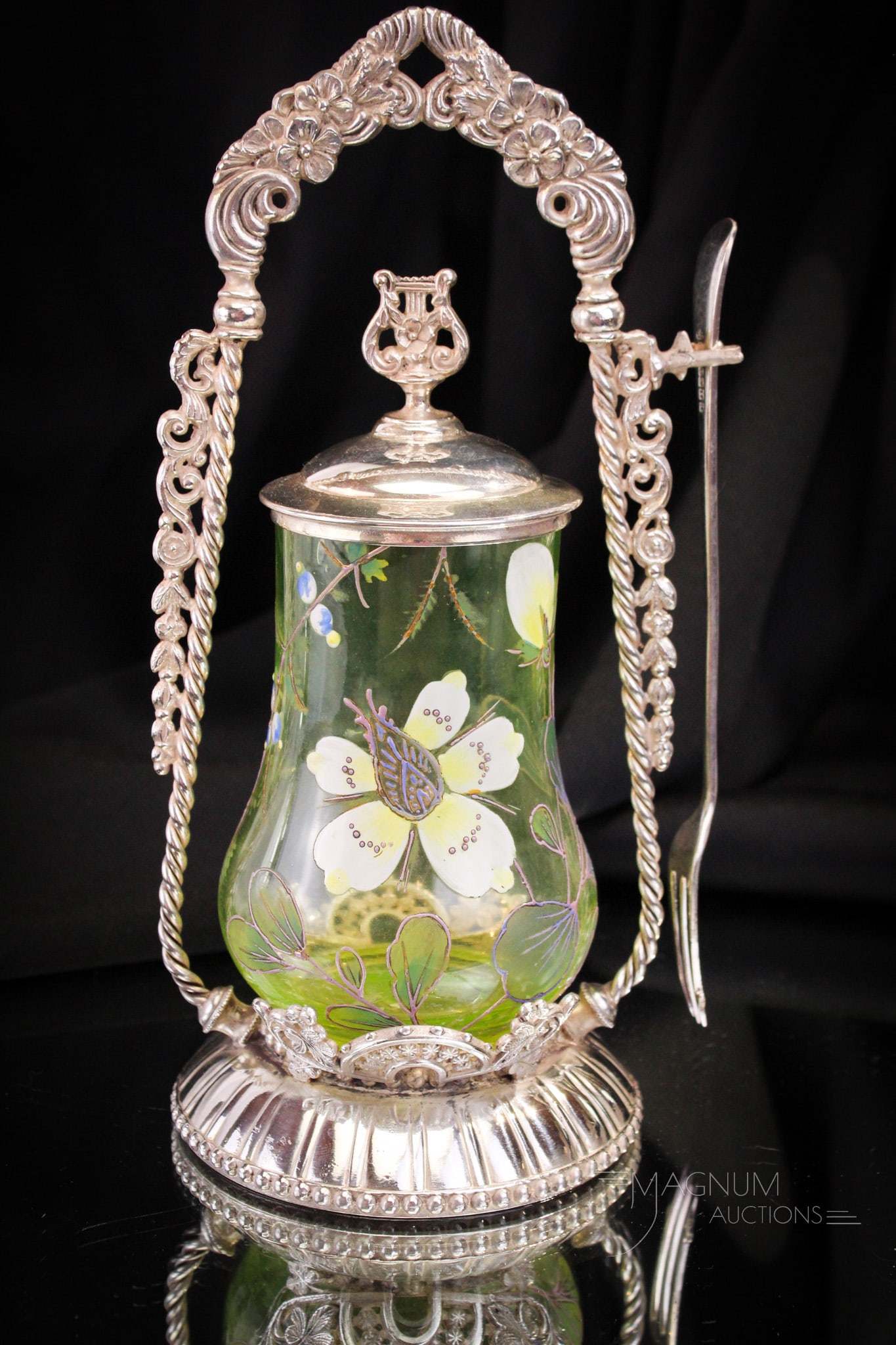 Rockford Silverplate Vaseline Enameled Victorian Pickle Castor: Wonderful signed Rockford silverplate vaseline enameled Victorian pickle castor. A rare find folks! How many have you seen? We thought so! This one is lovely and measures 10" tall.