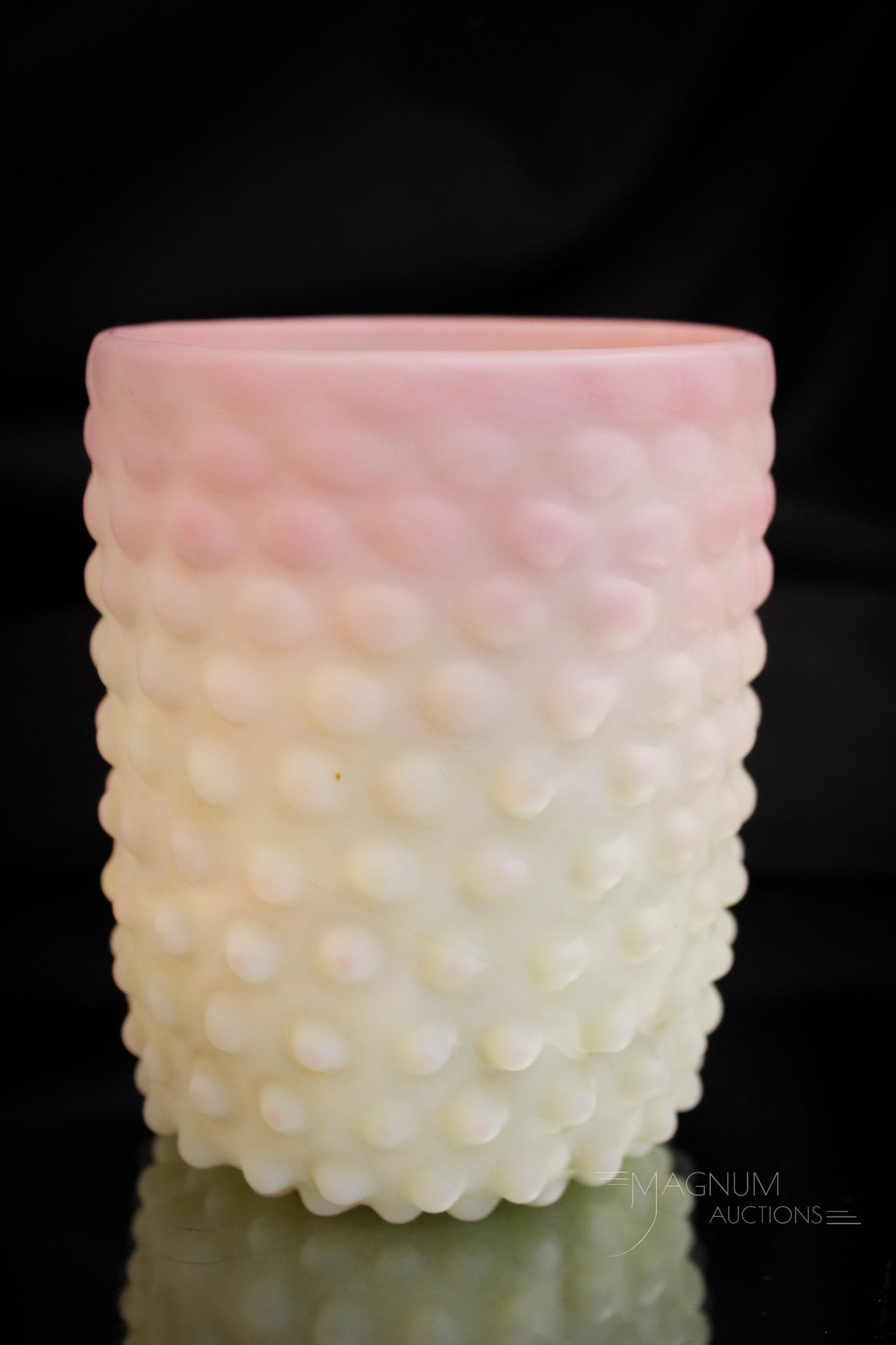 Scarce Victorian Phoenix Burmese Glass Hobnail Tumbler: Seldom ever seen Phoenix burmese hobnail Victorian tumbler. This one has lovely gradiated coloring and is in perfect condition. A select piece for your collection. Tumbler measures 3 1/2" tall.