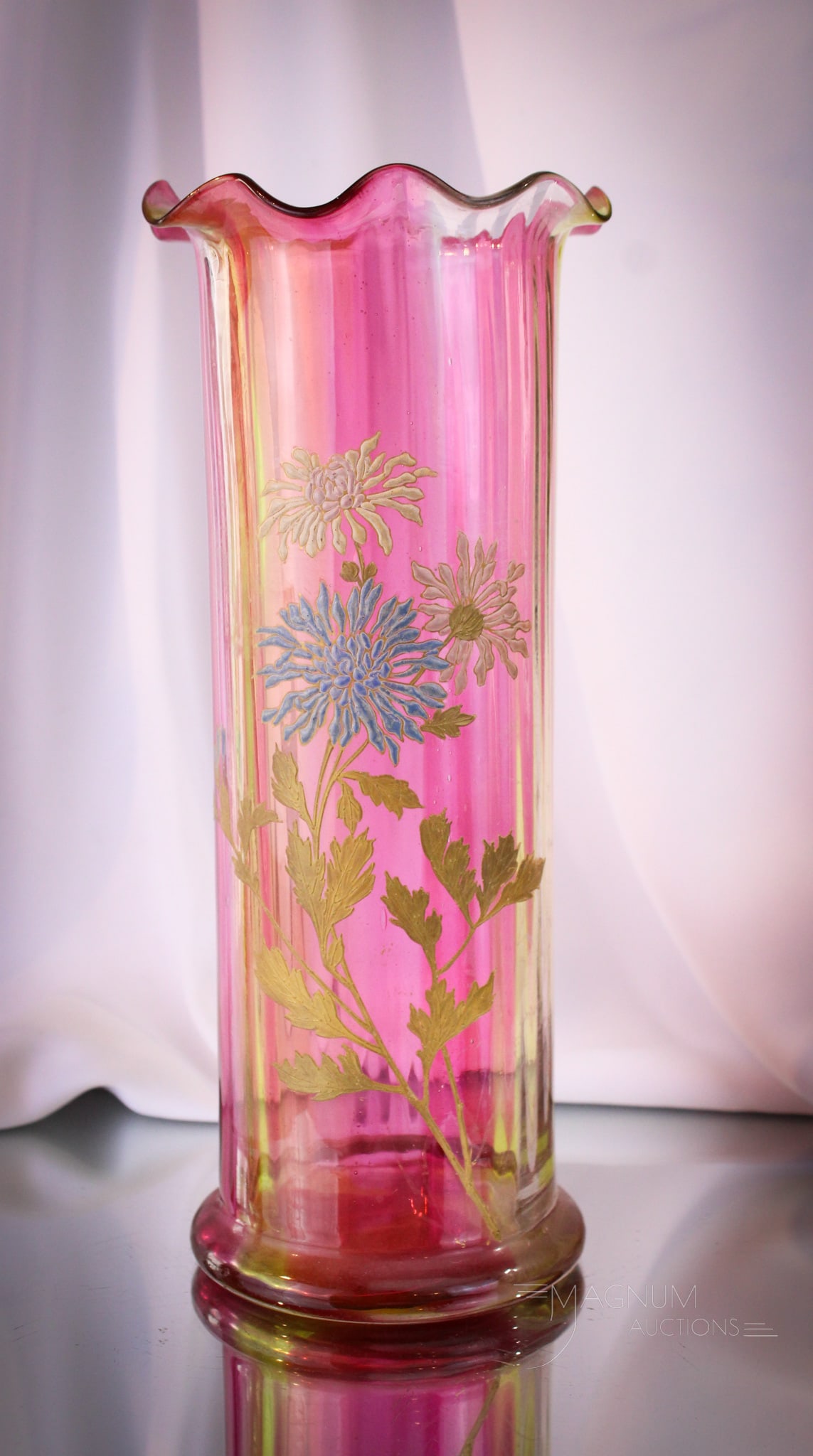 Victorian Rainbow Art Glass 12" Enameled Vase: Great two color rainbow Victorian glass enameled vase with floral design. Vivid coloring around on this lovely vase. If you're a size queen, then this one's for you. It's large and girthy at 12" tall.